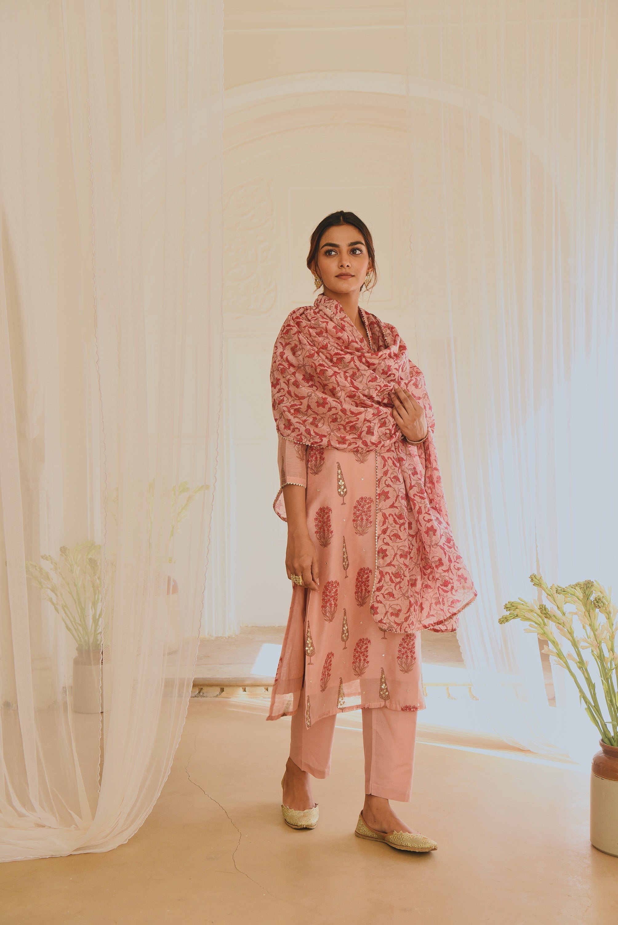 PINK CHANDERI KURTA SET