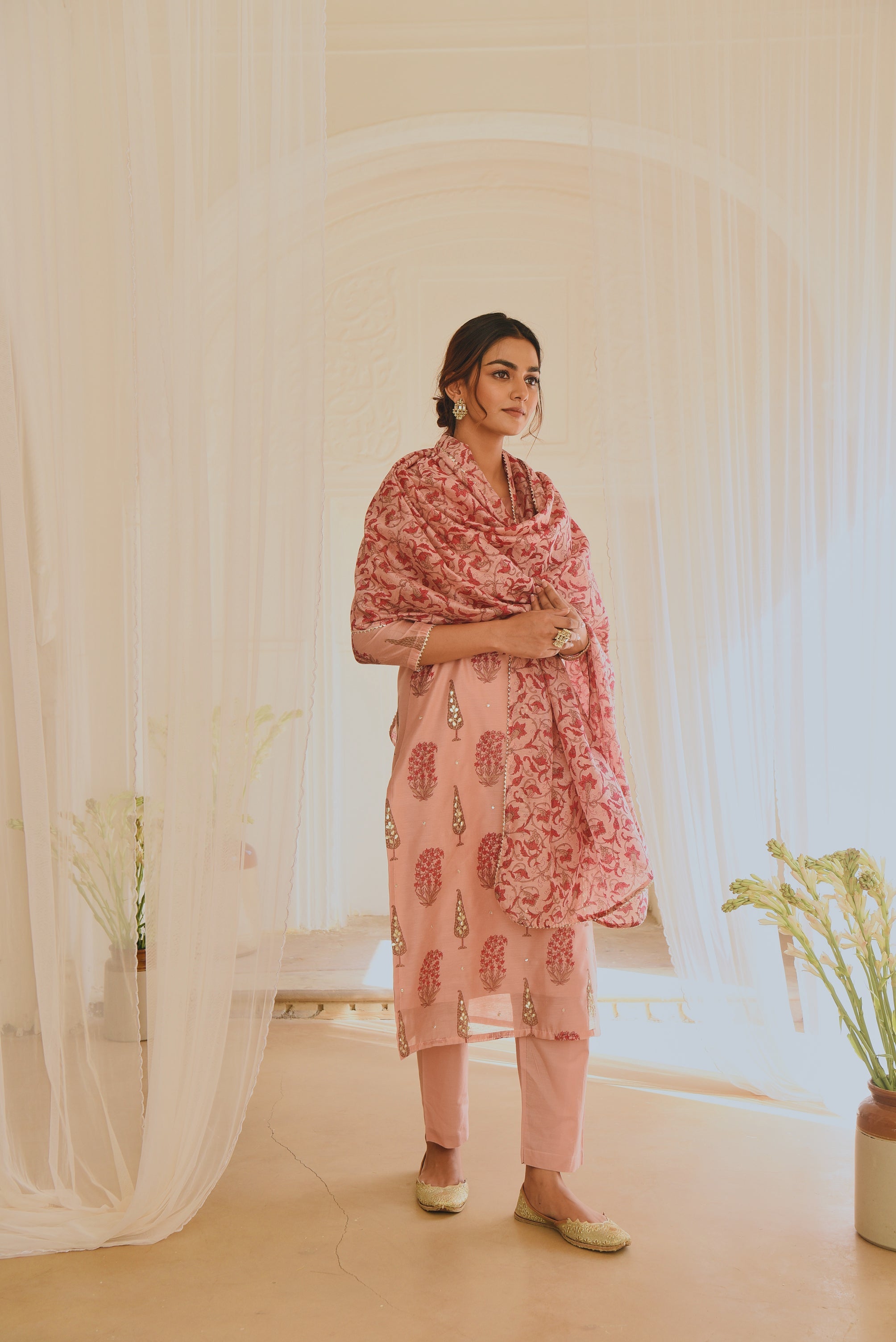 PINK CHANDERI KURTA SET