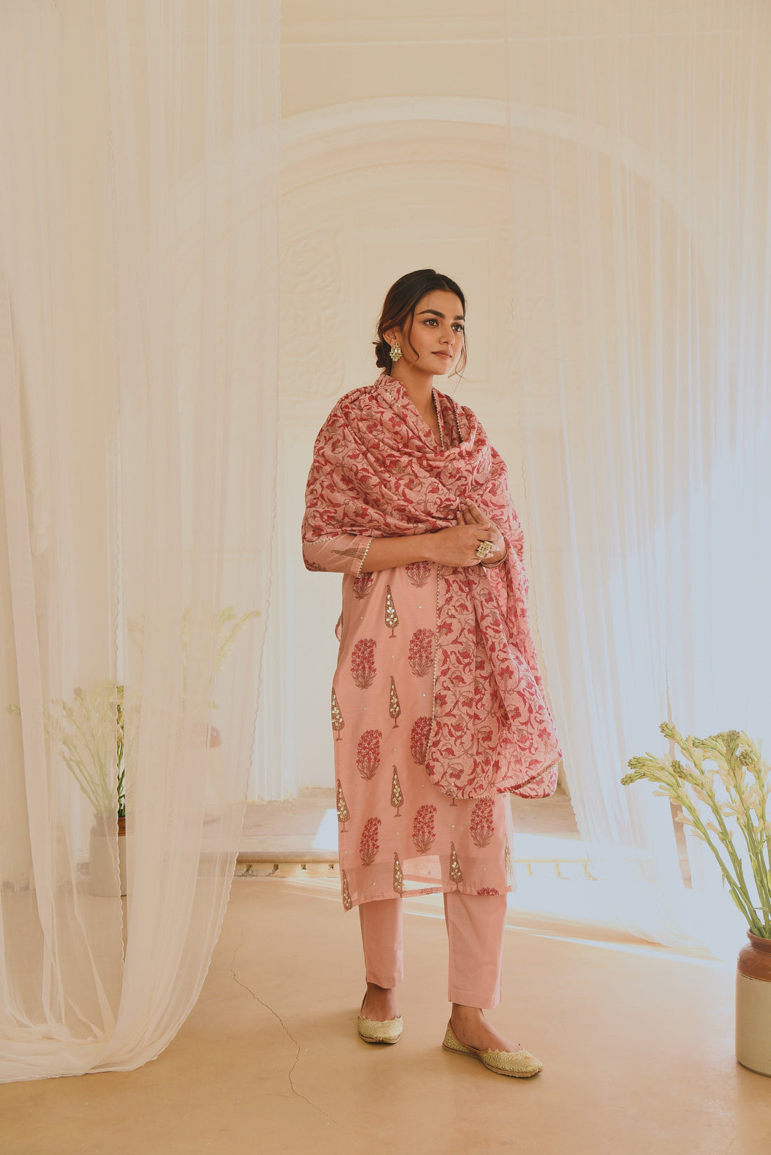 PINK CHANDERI KURTA SET