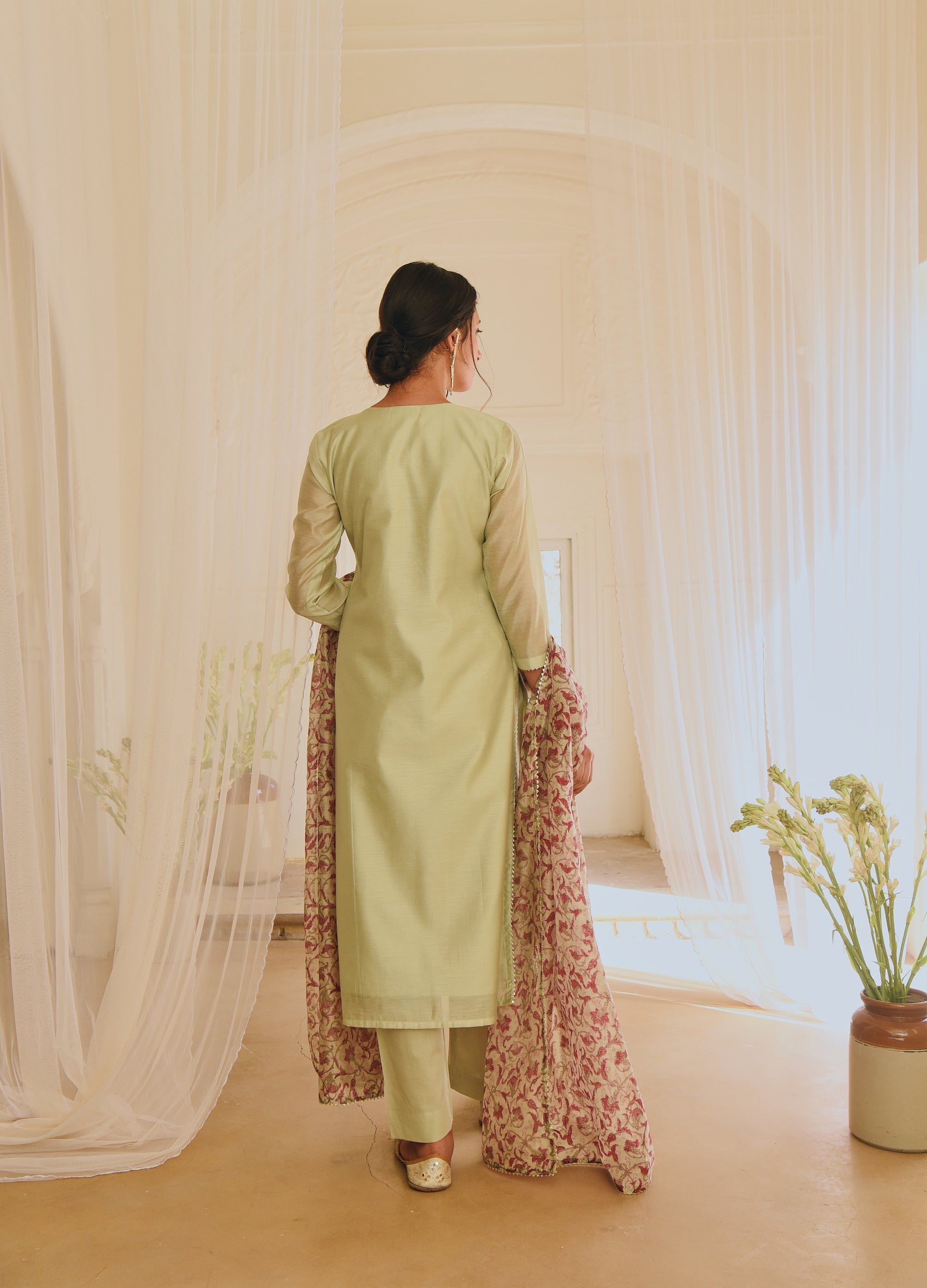 PISTA GREEN STRAIGHT KURTA SET WITH CHANDERI DUPATTA