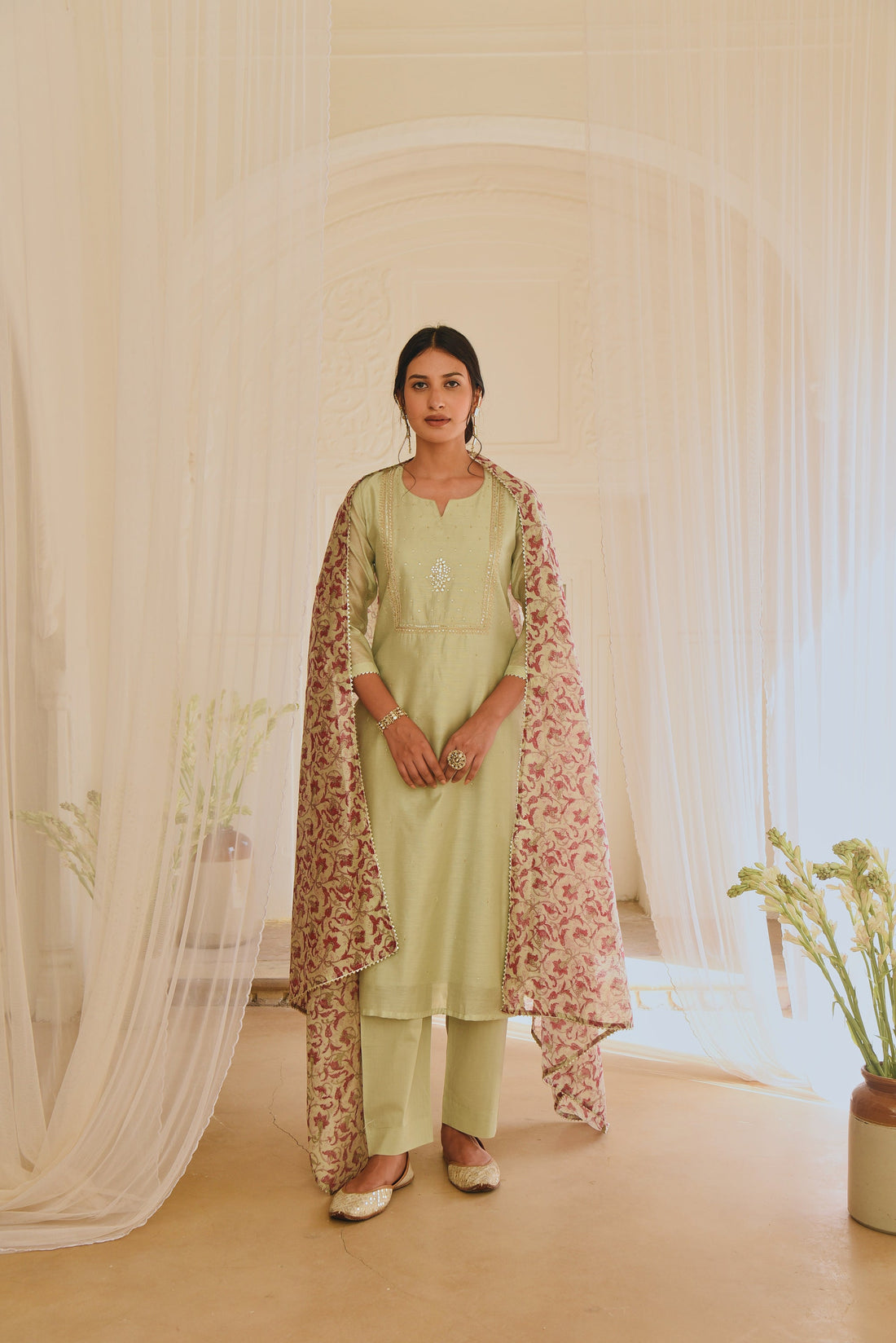 PISTA GREEN STRAIGHT KURTA SET WITH CHANDERI DUPATTA