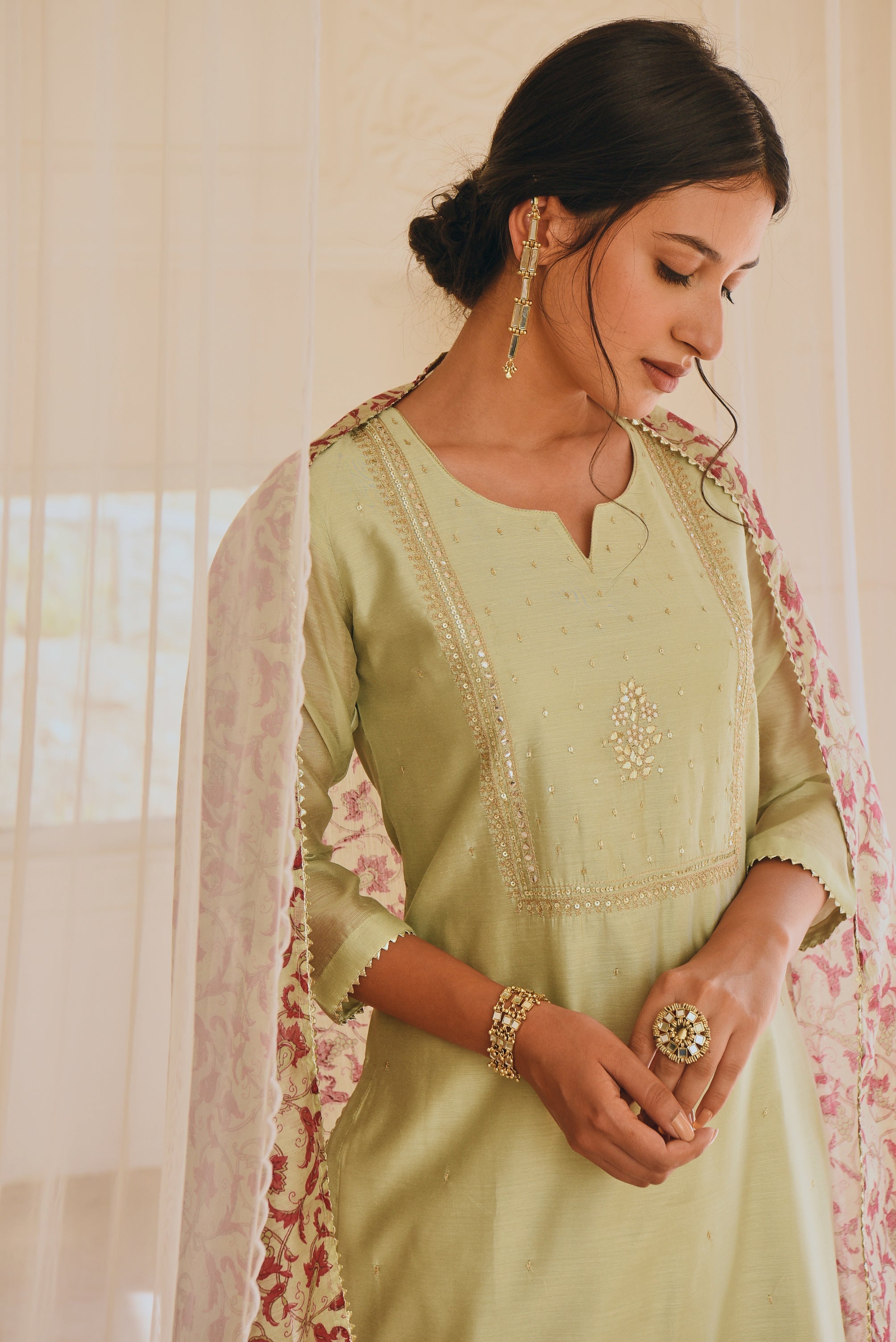 PISTA GREEN STRAIGHT KURTA SET WITH CHANDERI DUPATTA