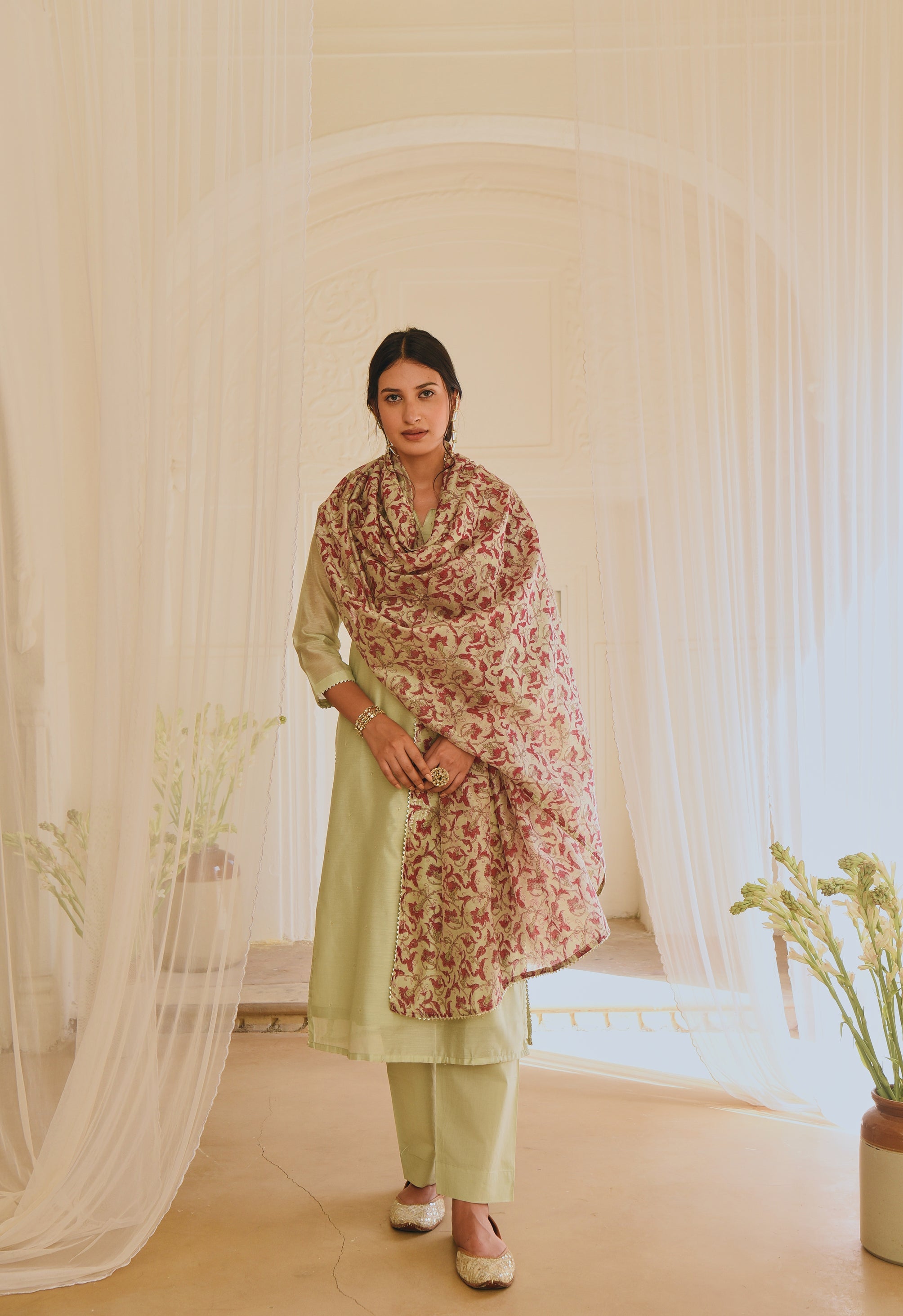 PISTA GREEN STRAIGHT KURTA SET WITH CHANDERI DUPATTA