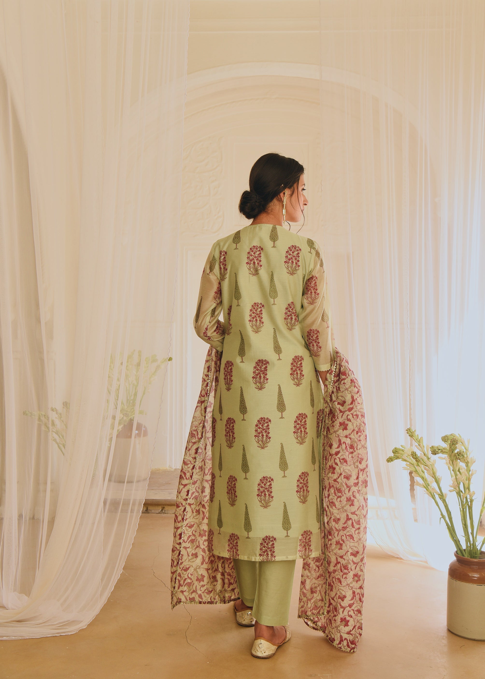 PISTA GREEN CHANDERI KURTA SET