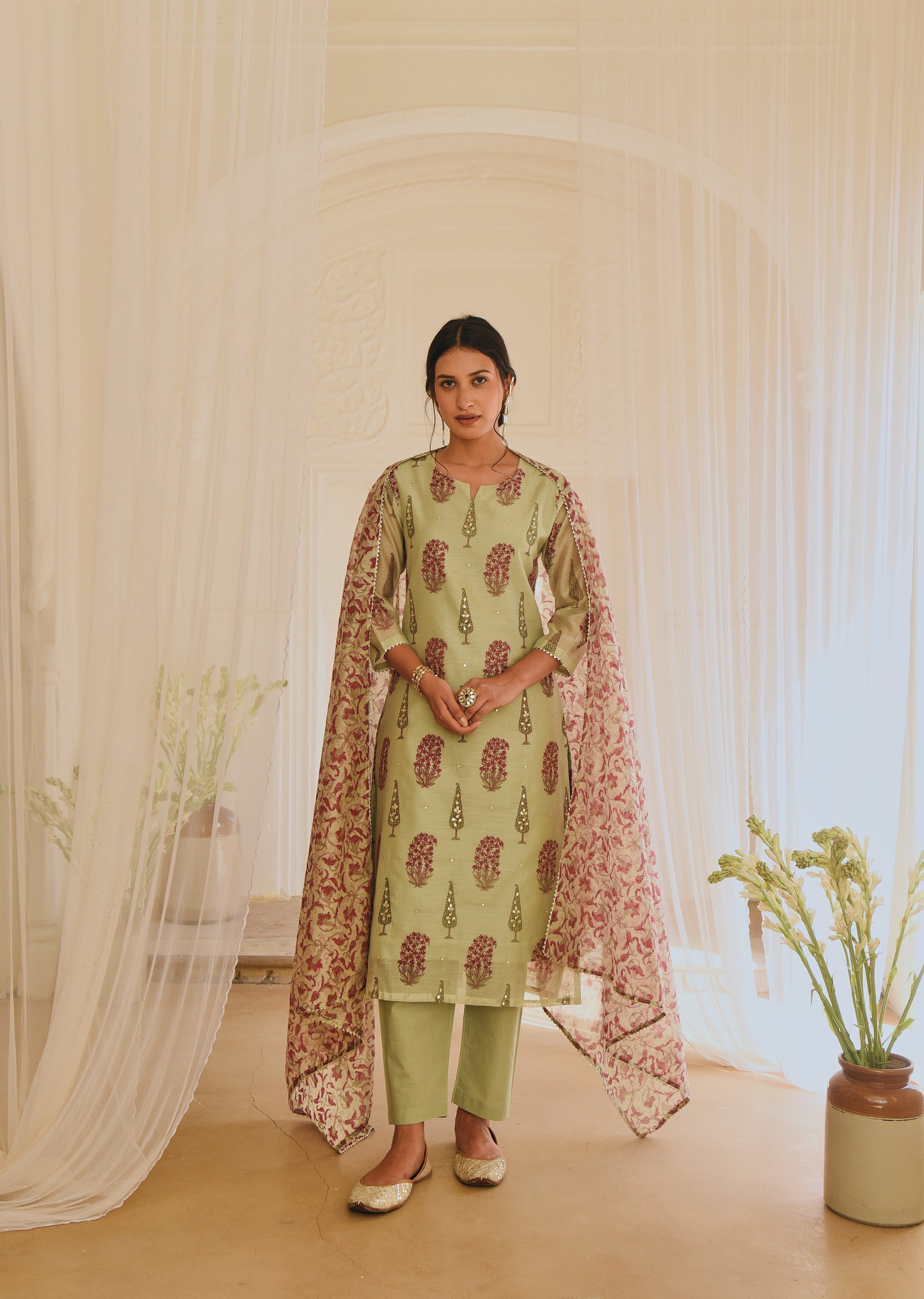 PISTA GREEN CHANDERI KURTA SET