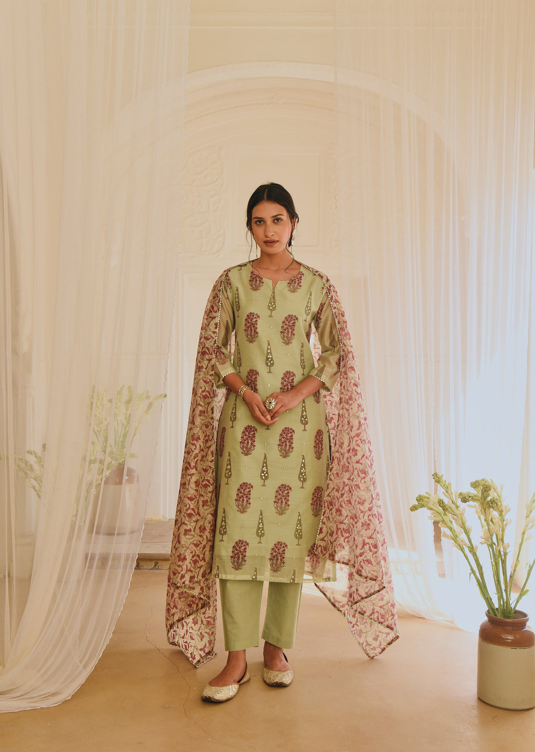 PISTA GREEN CHANDERI KURTA SET
