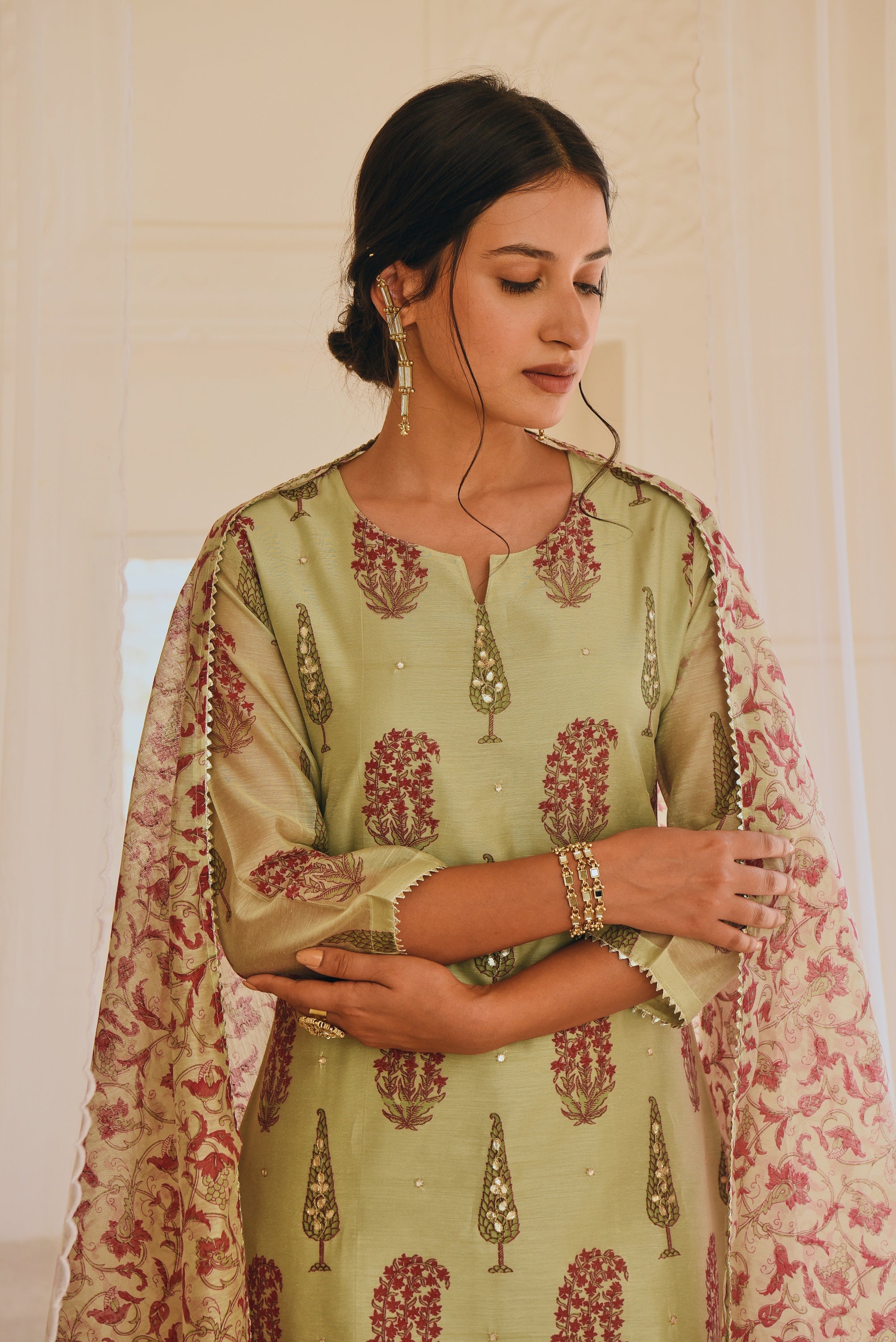 PISTA GREEN CHANDERI KURTA SET