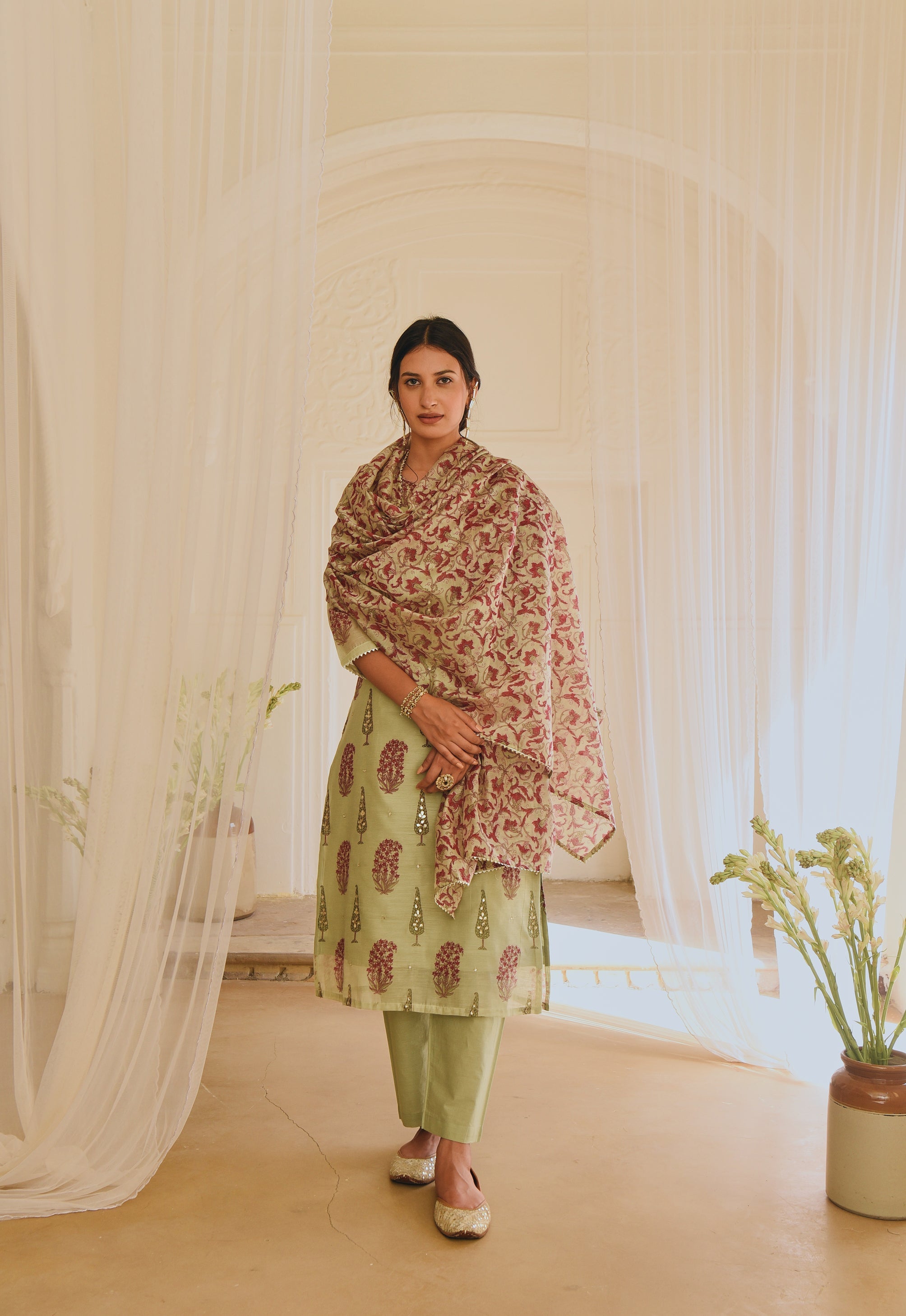 PISTA GREEN CHANDERI KURTA SET