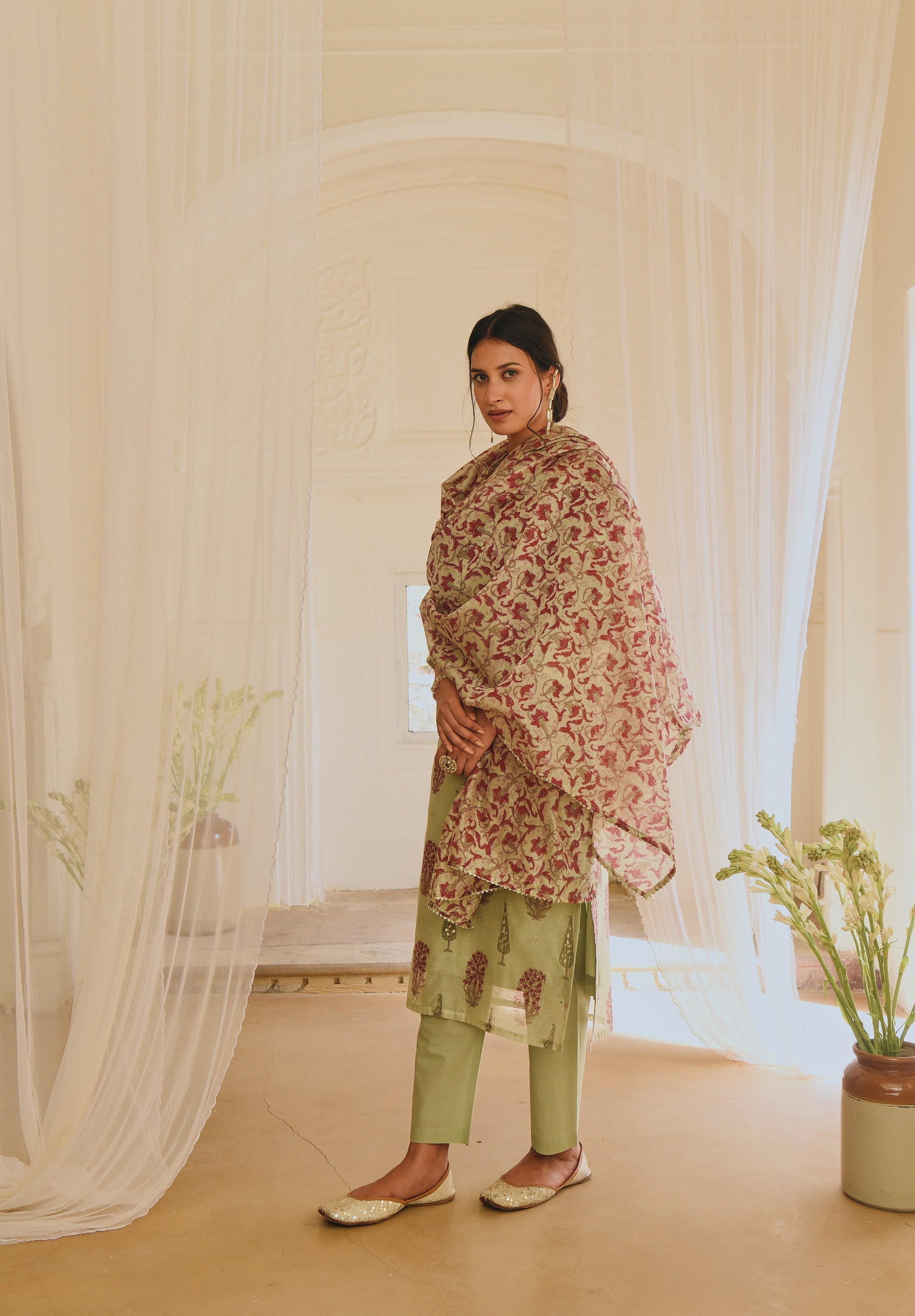 PISTA GREEN CHANDERI KURTA SET