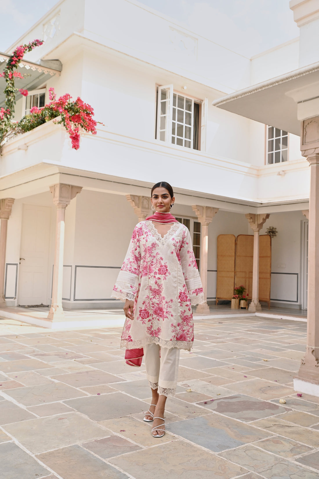 CREAM AND PINK FLORAL SHORT KURTA SET