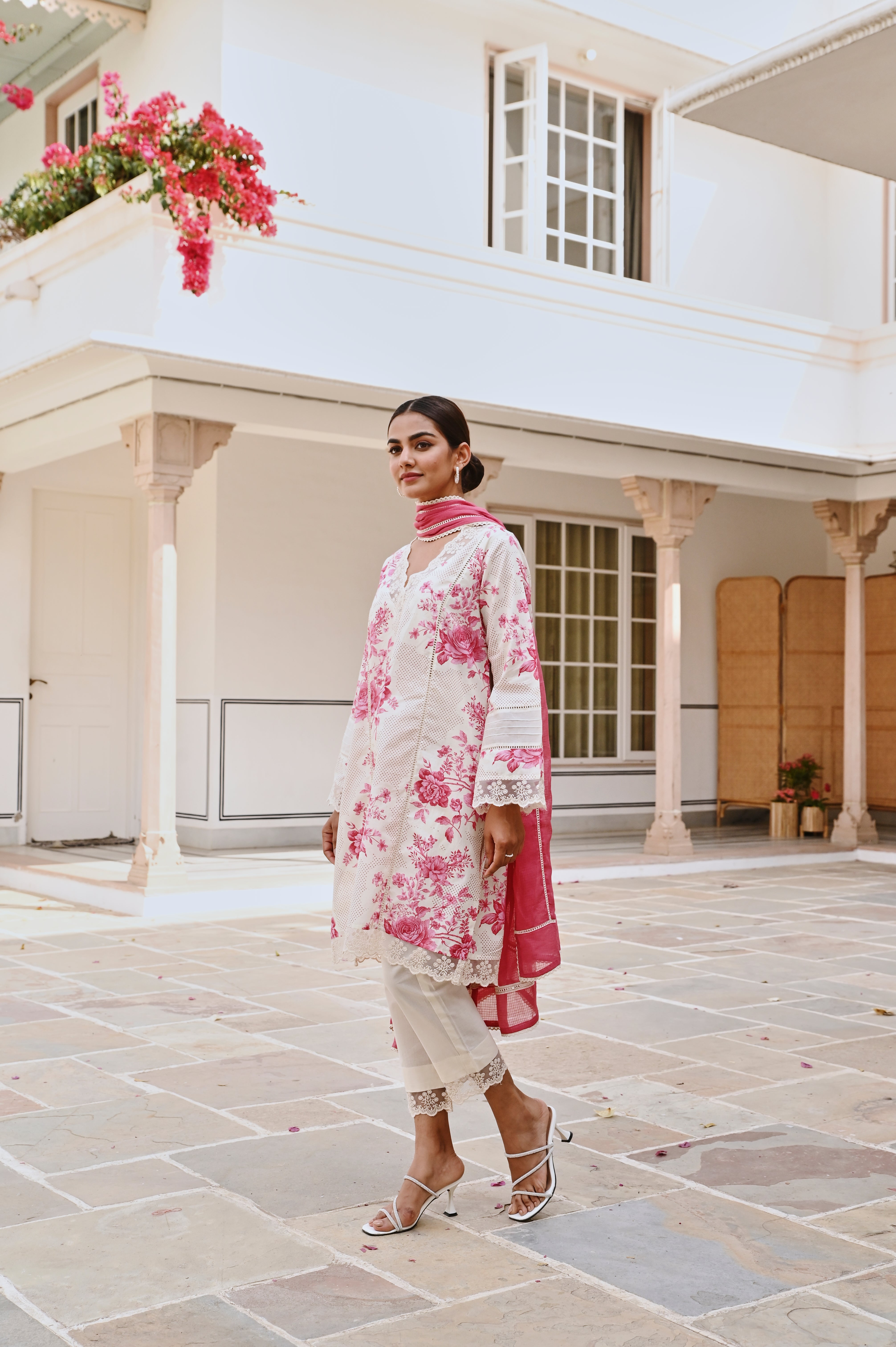 CREAM AND PINK FLORAL SHORT KURTA SET