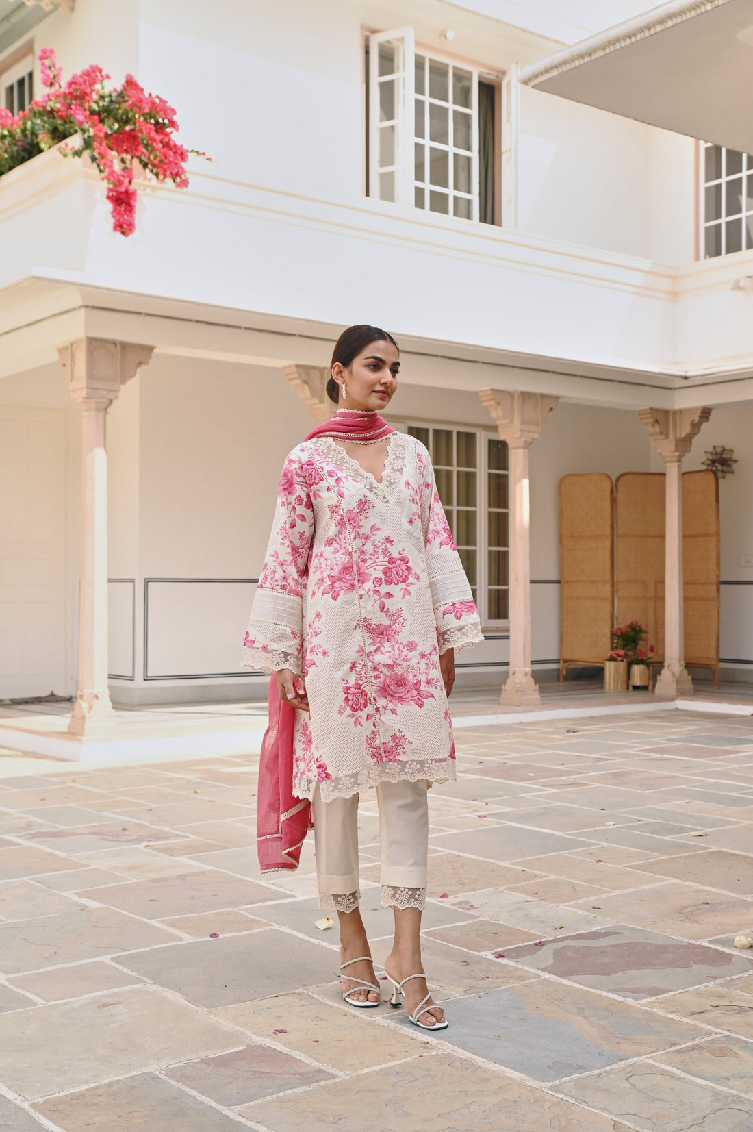 CREAM AND PINK FLORAL SHORT KURTA SET
