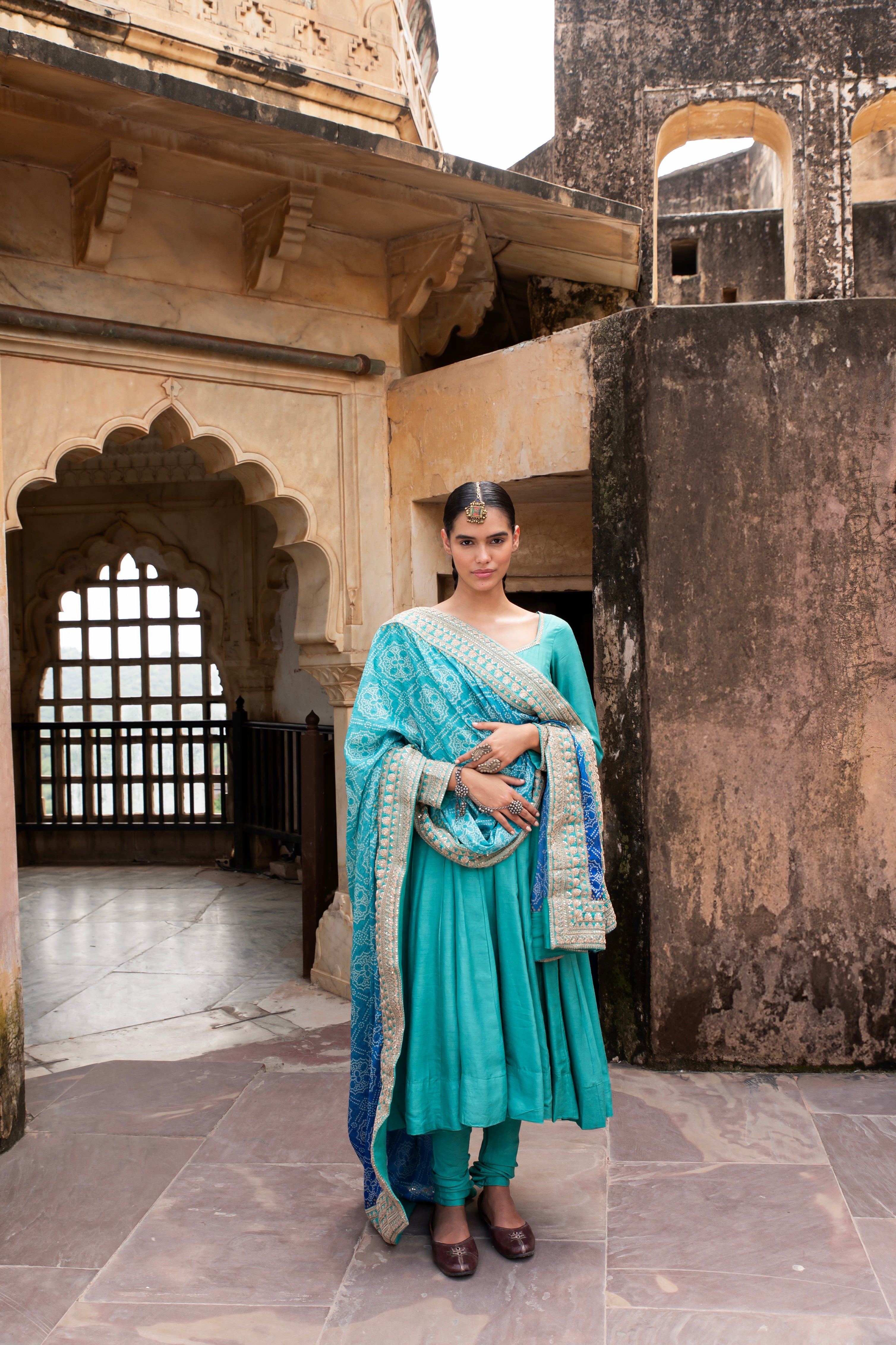 OCEAN BLUE PURE DOLA SILK EMBROIDERED ANARKALI SET
