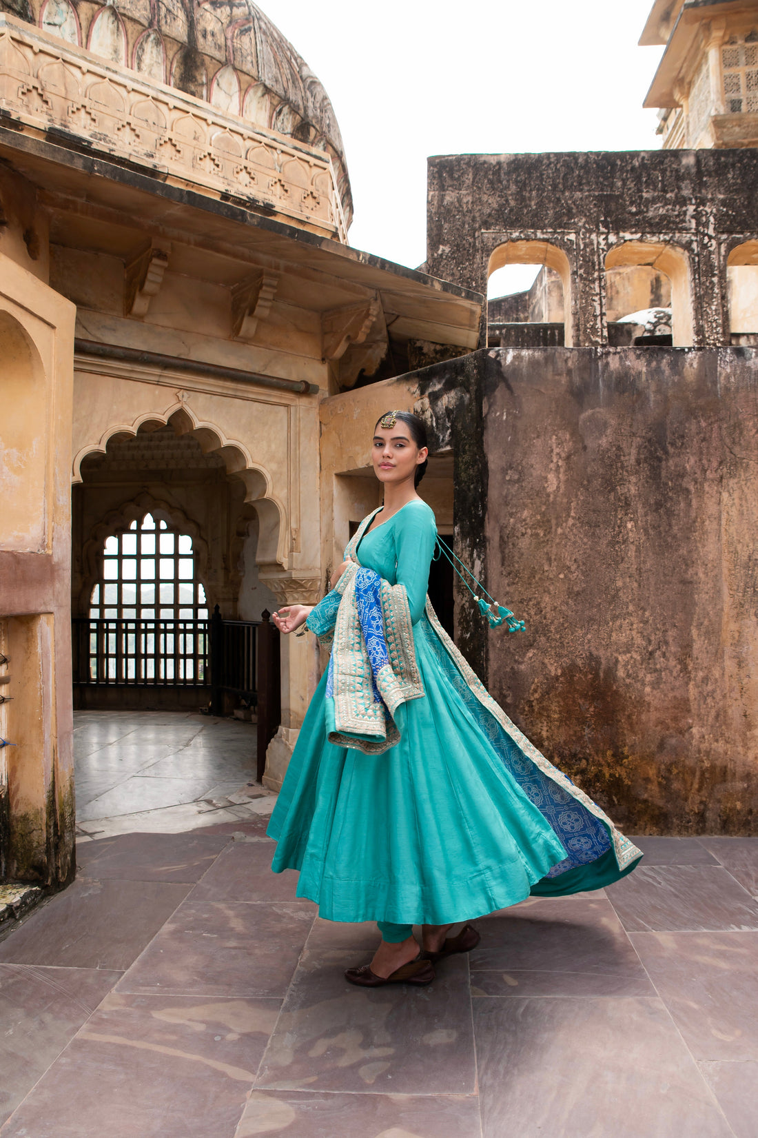 OCEAN BLUE PURE DOLA SILK EMBROIDERED ANARKALI SET