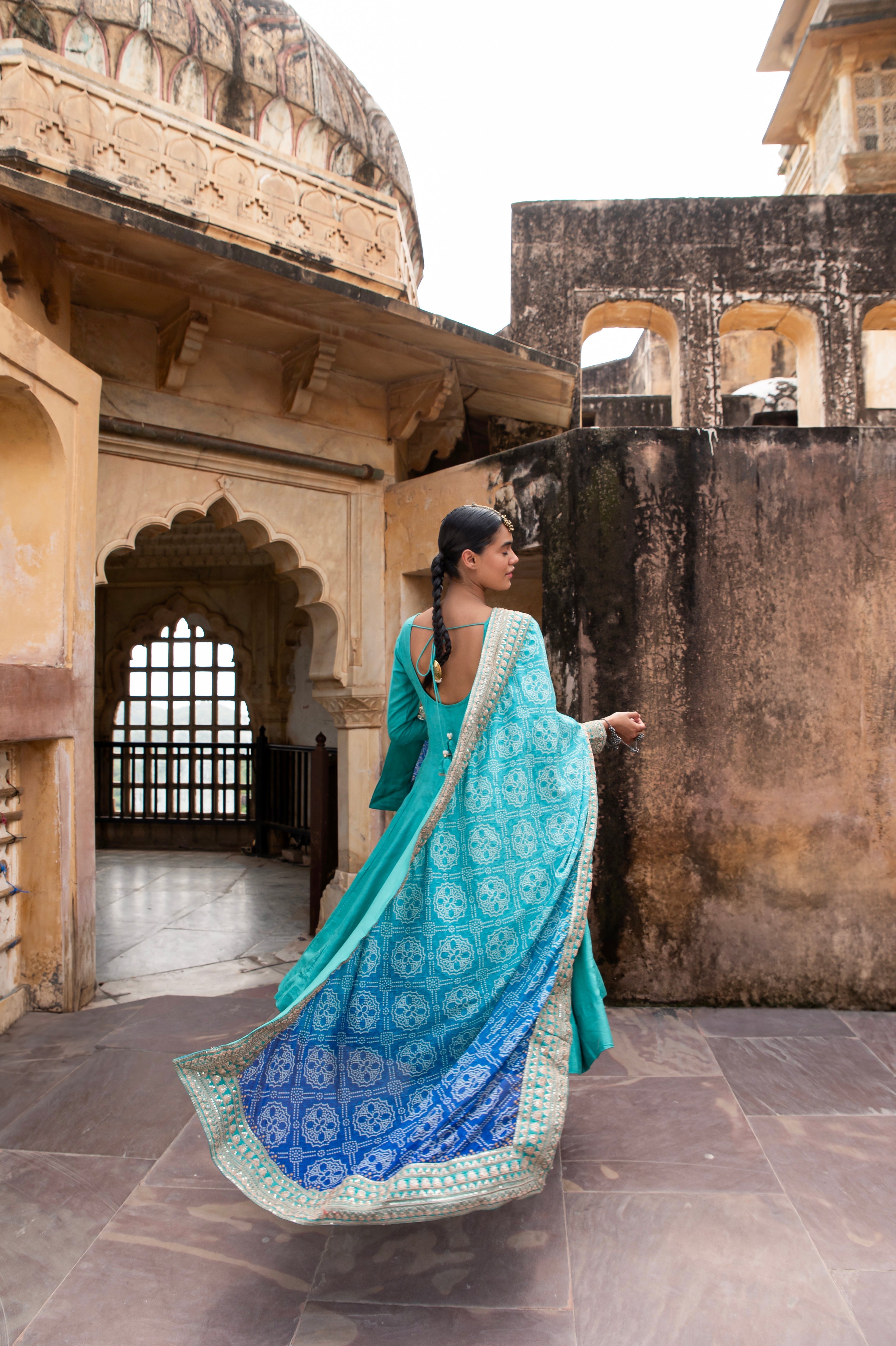 OCEAN BLUE PURE DOLA SILK EMBROIDERED ANARKALI SET
