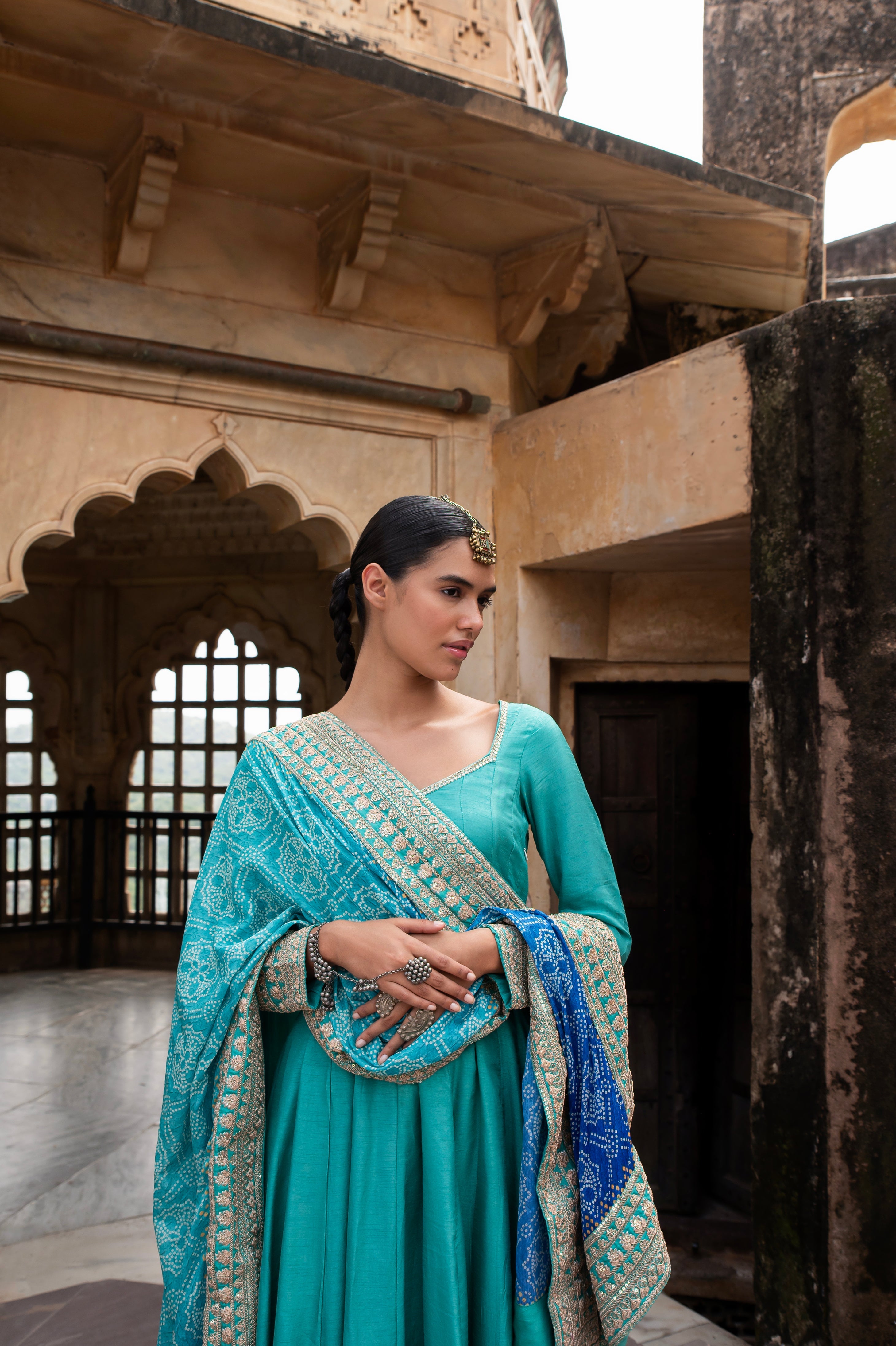 OCEAN BLUE PURE DOLA SILK EMBROIDERED ANARKALI SET