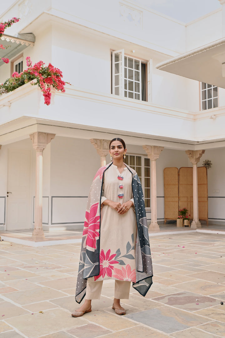 BEIGE HANDLOOM COTTON PRINTED KURTA SET