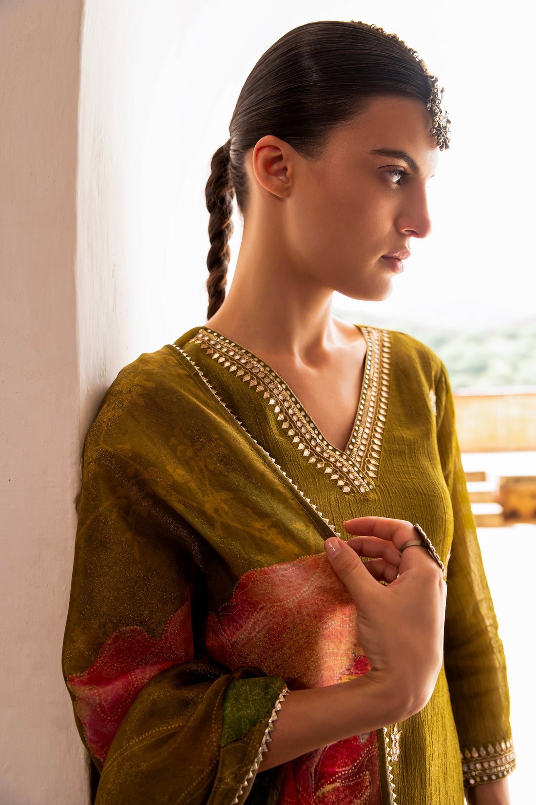 V-NECK OLIVE GREEN EMBROIDERED KURTA SET