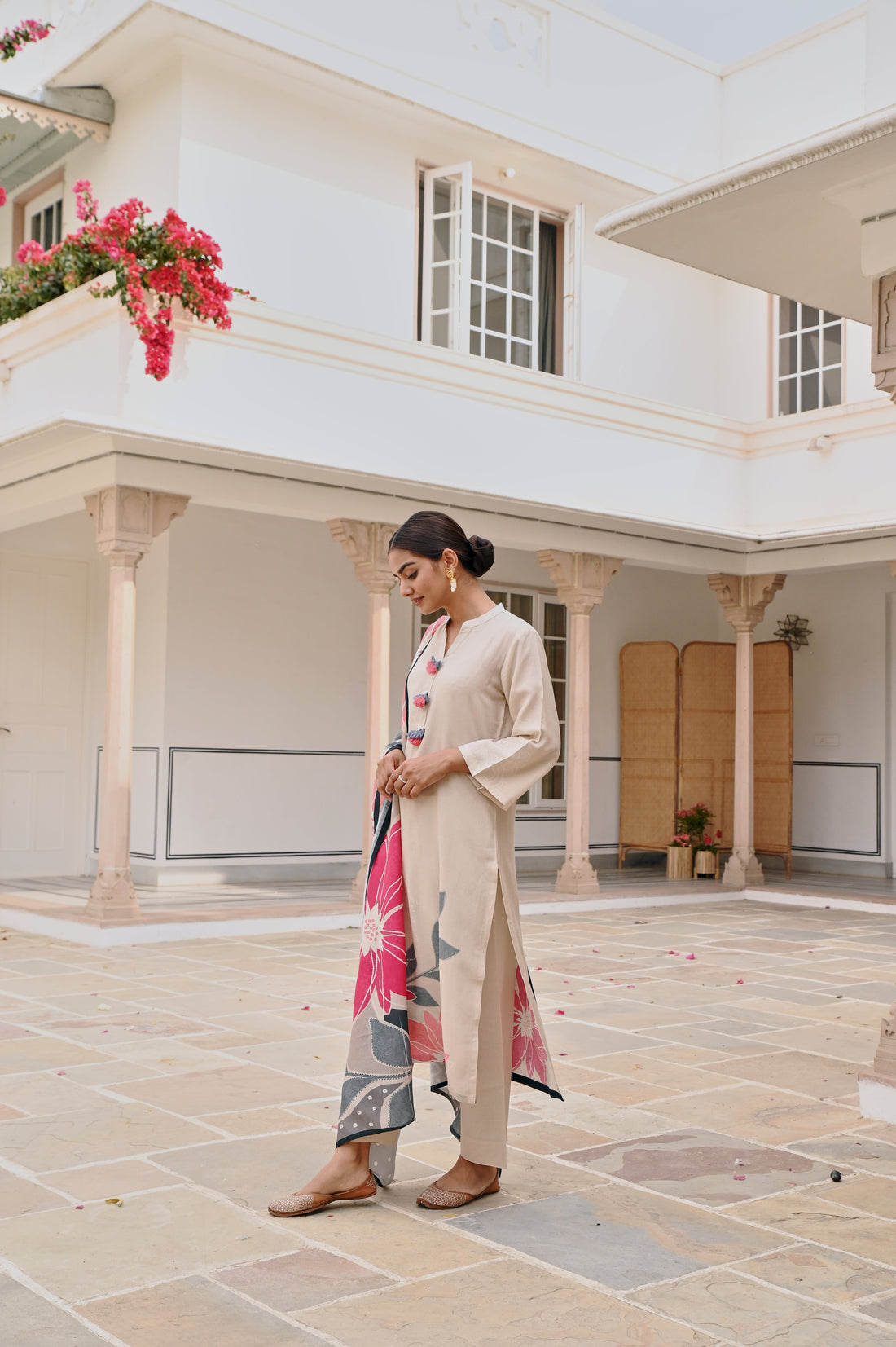 BEIGE HANDLOOM COTTON PRINTED KURTA SET