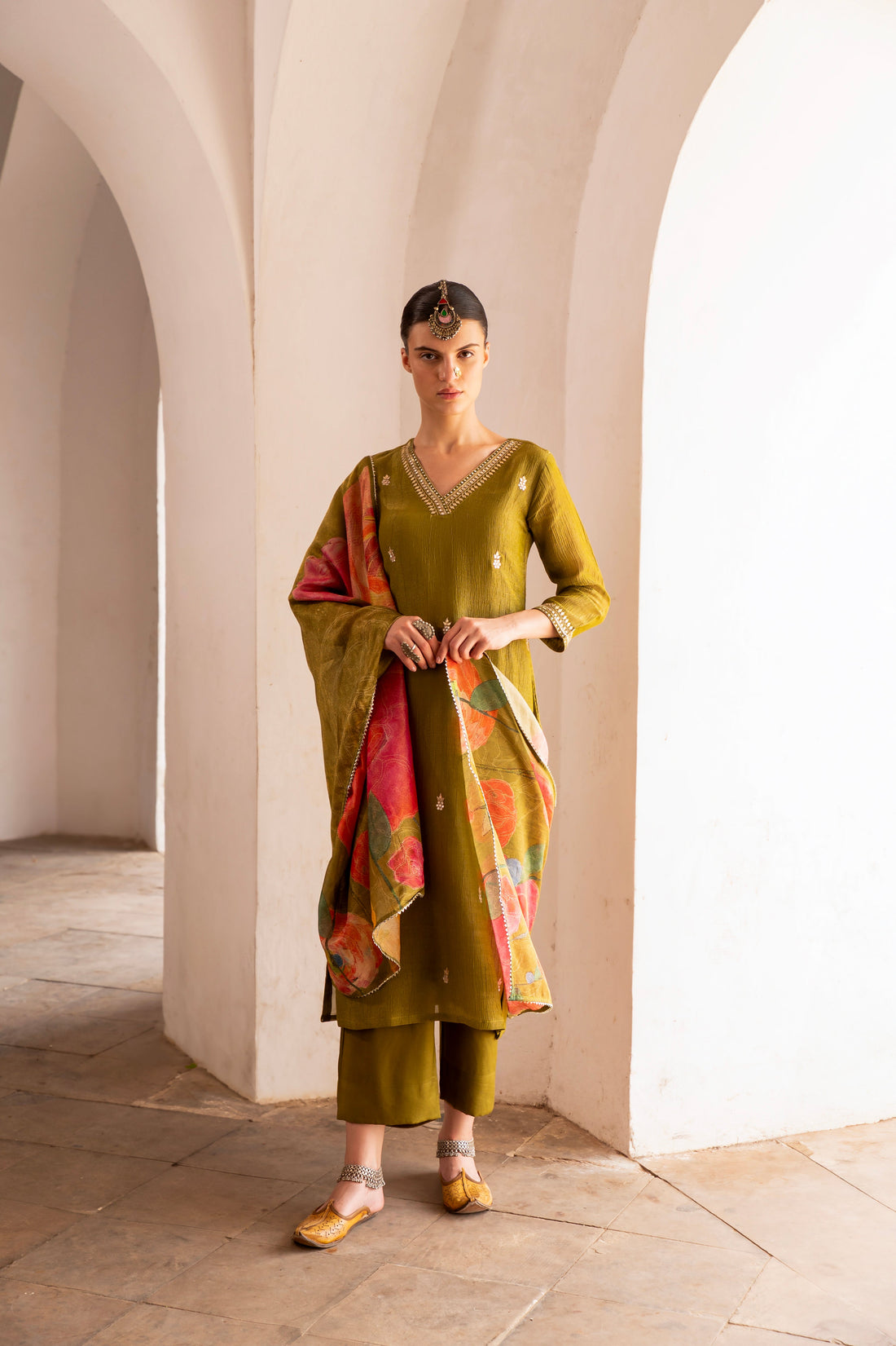 V-NECK OLIVE GREEN EMBROIDERED KURTA SET