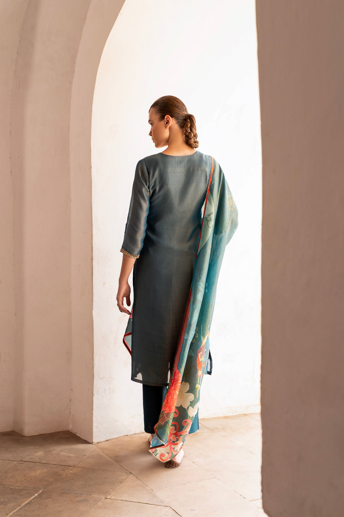 TEAL BLUE CRUSHED TISSUE EMBROIDERED KURTA SET