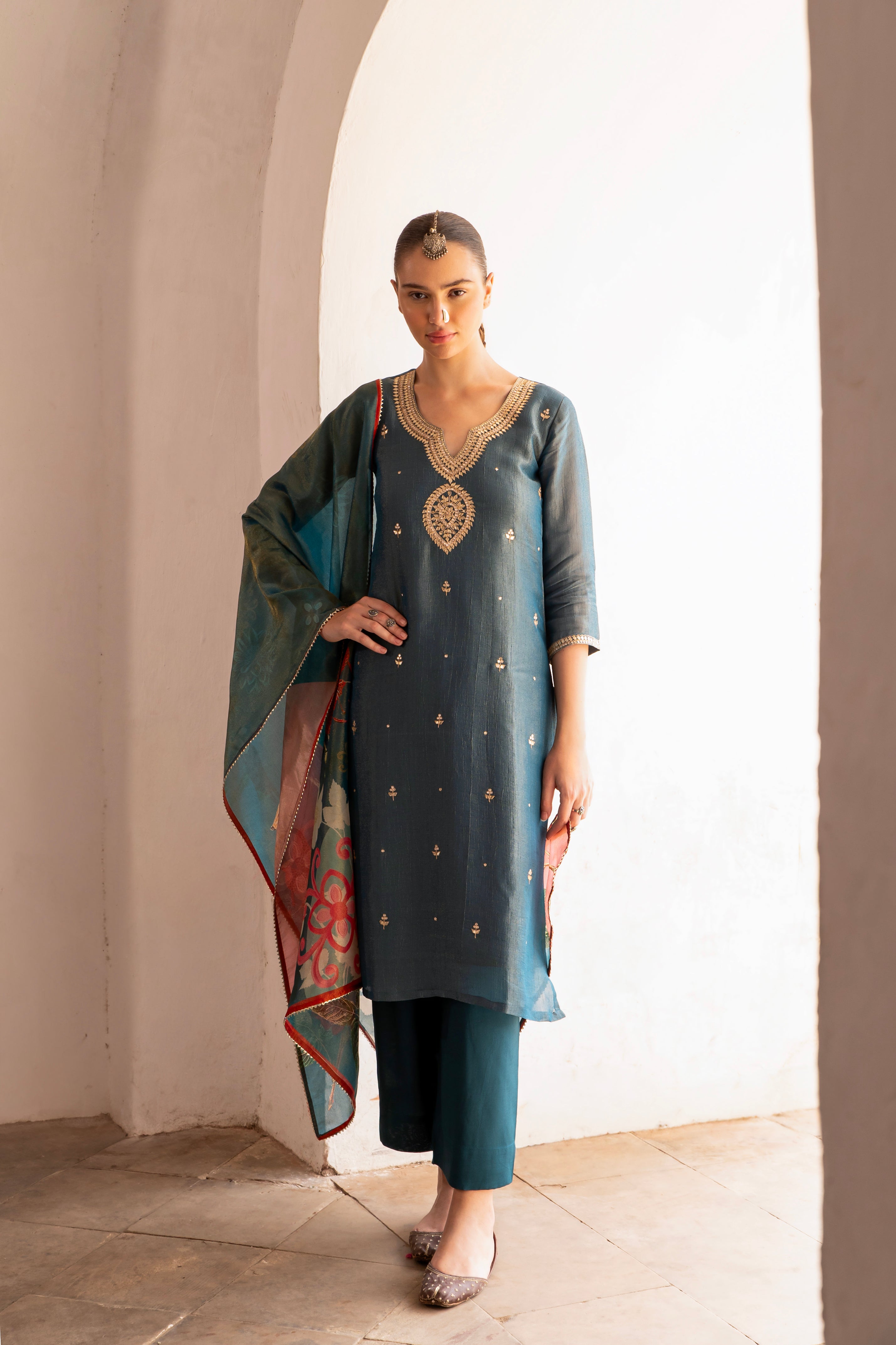 TEAL BLUE CRUSHED TISSUE EMBROIDERED KURTA SET