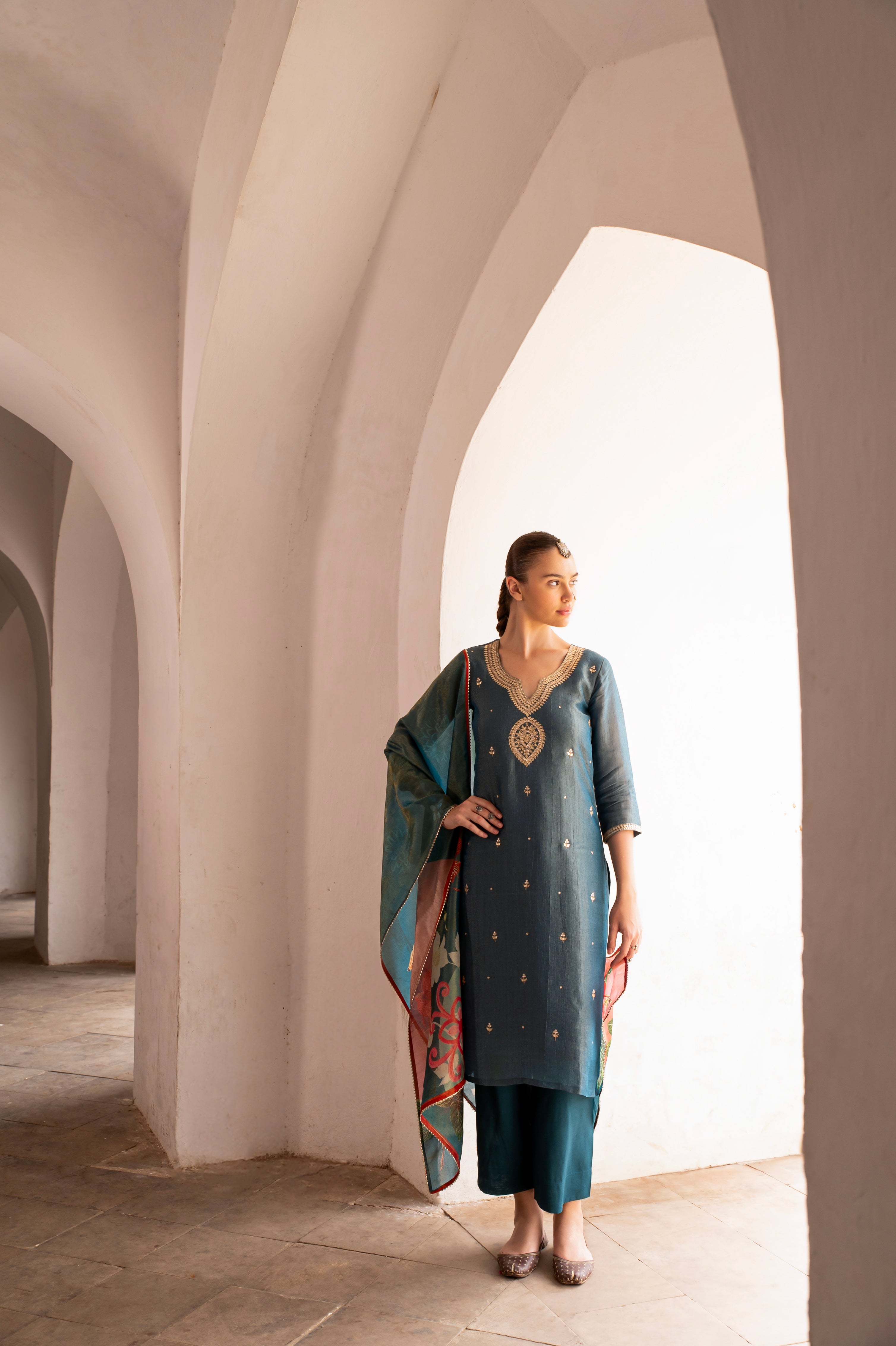 TEAL BLUE CRUSHED TISSUE EMBROIDERED KURTA SET