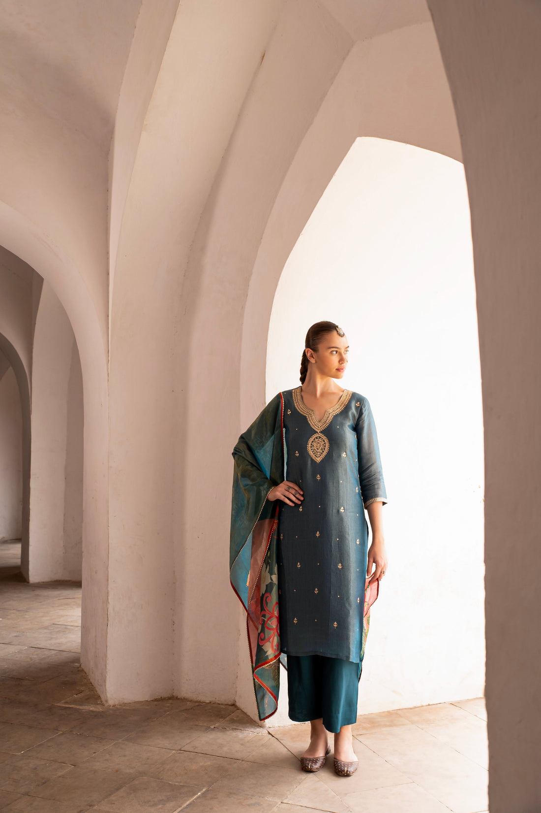 TEAL BLUE CRUSHED TISSUE EMBROIDERED KURTA SET