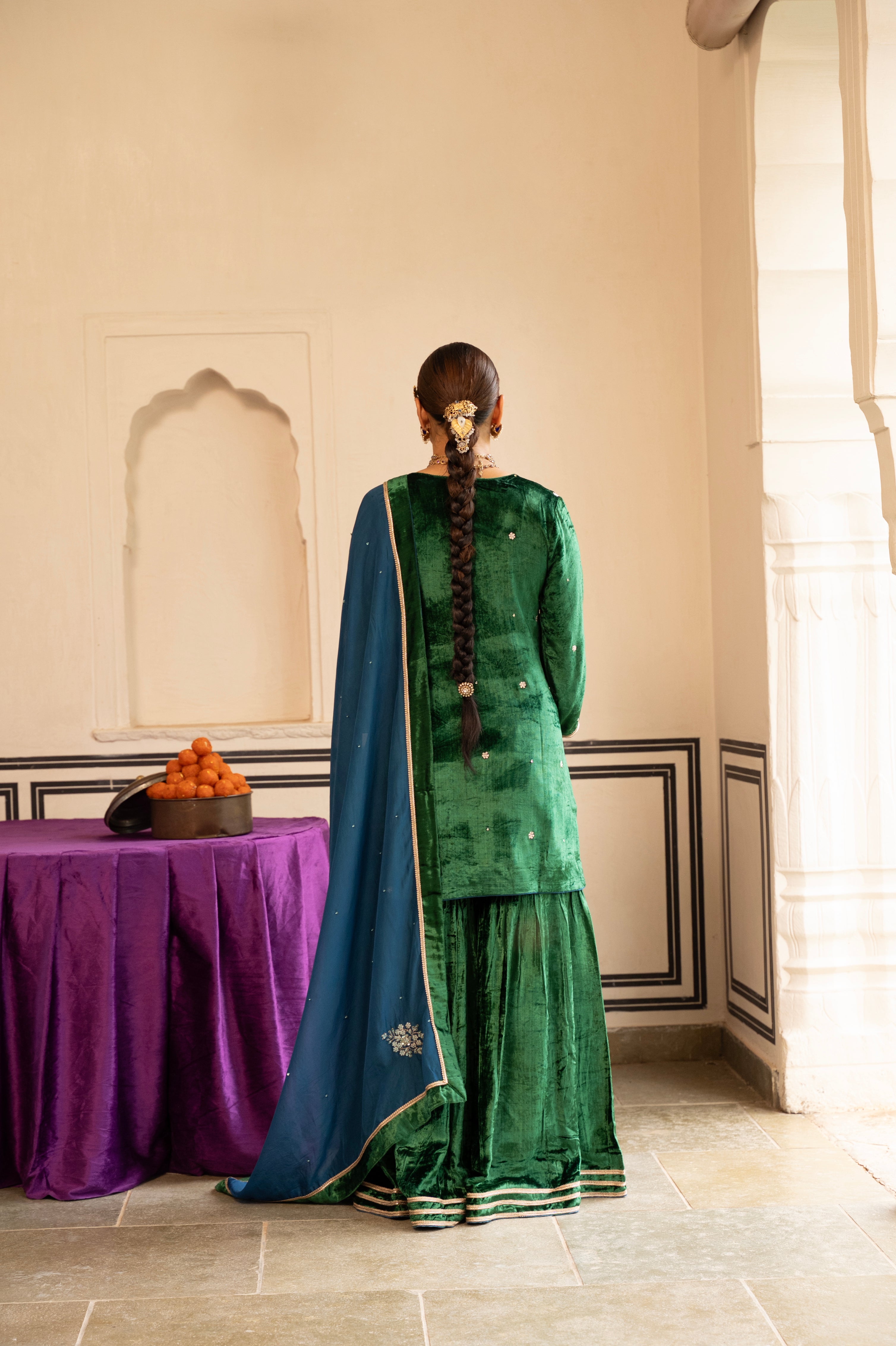 GREEN VELVET EMBROIDERED SHARARA SET