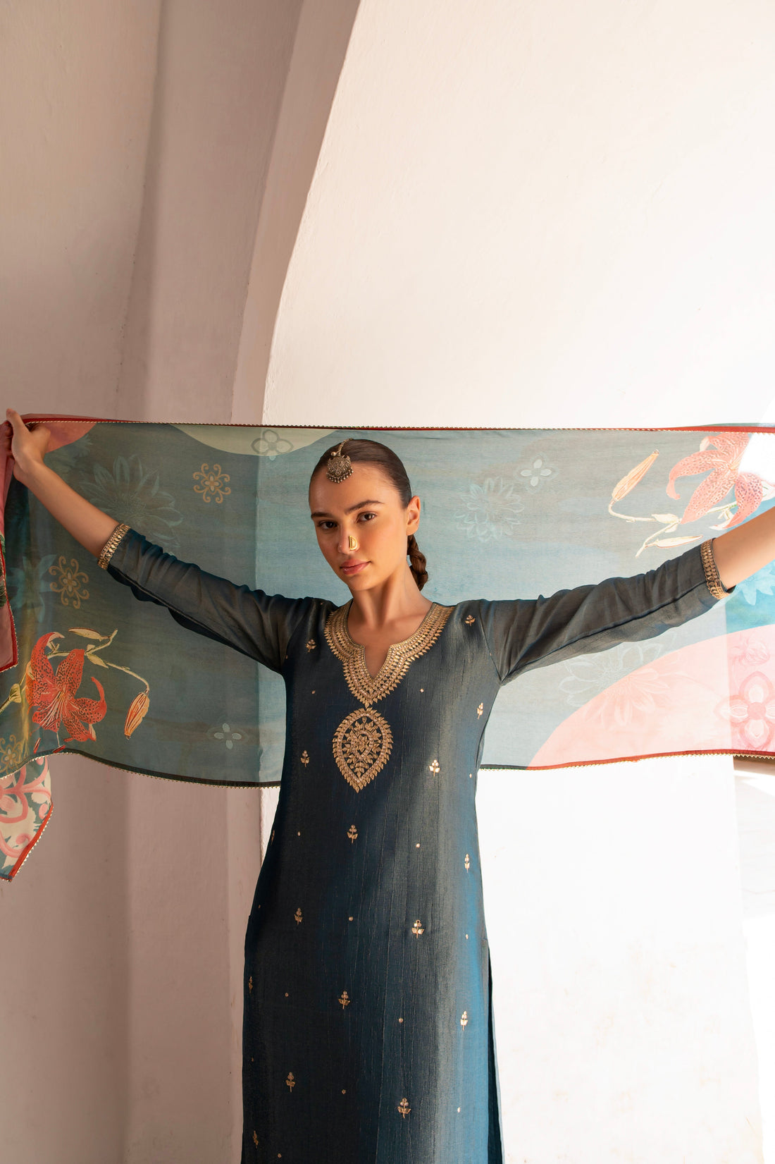TEAL BLUE CRUSHED TISSUE EMBROIDERED KURTA SET