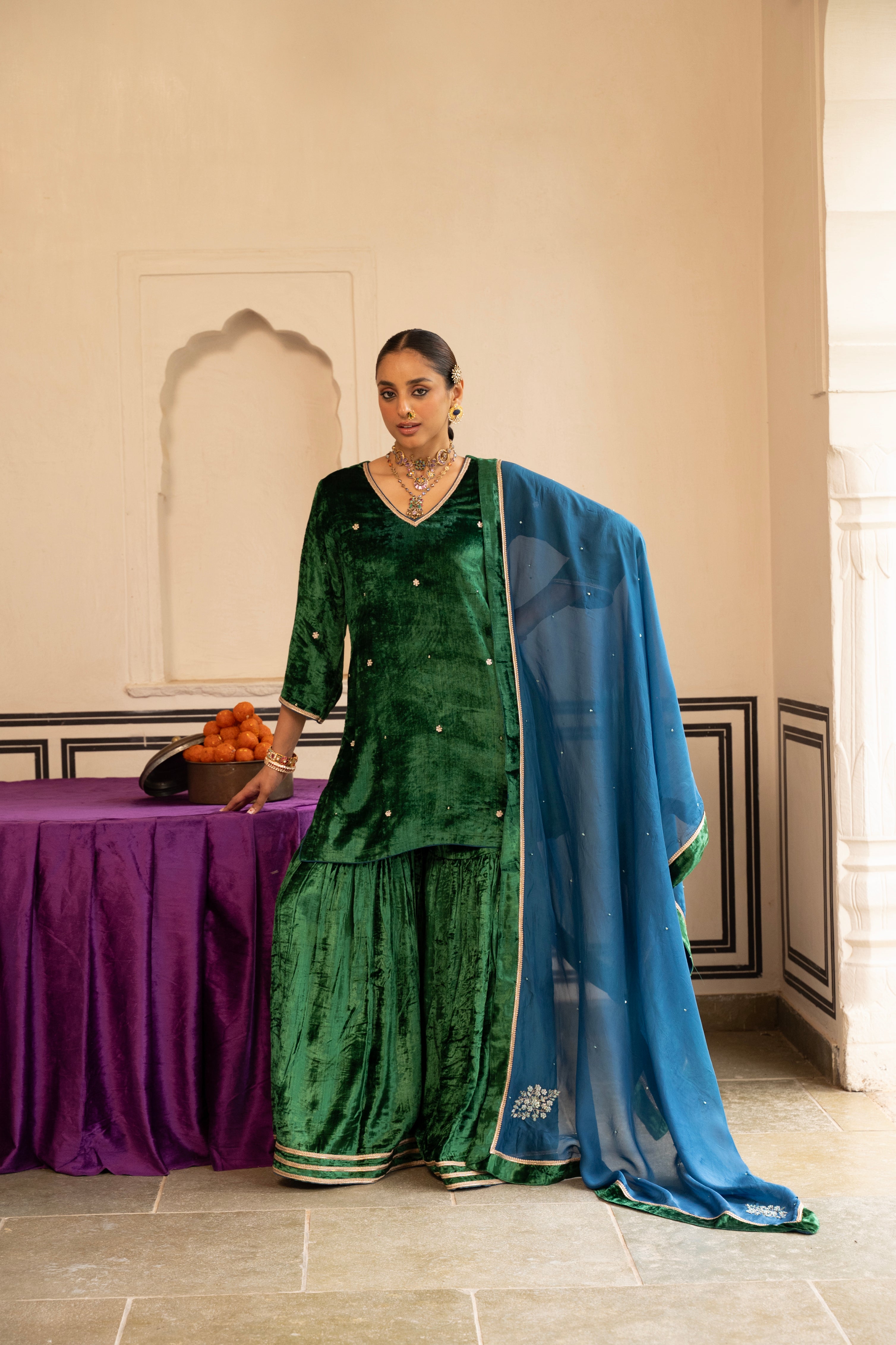 GREEN VELVET EMBROIDERED SHARARA SET