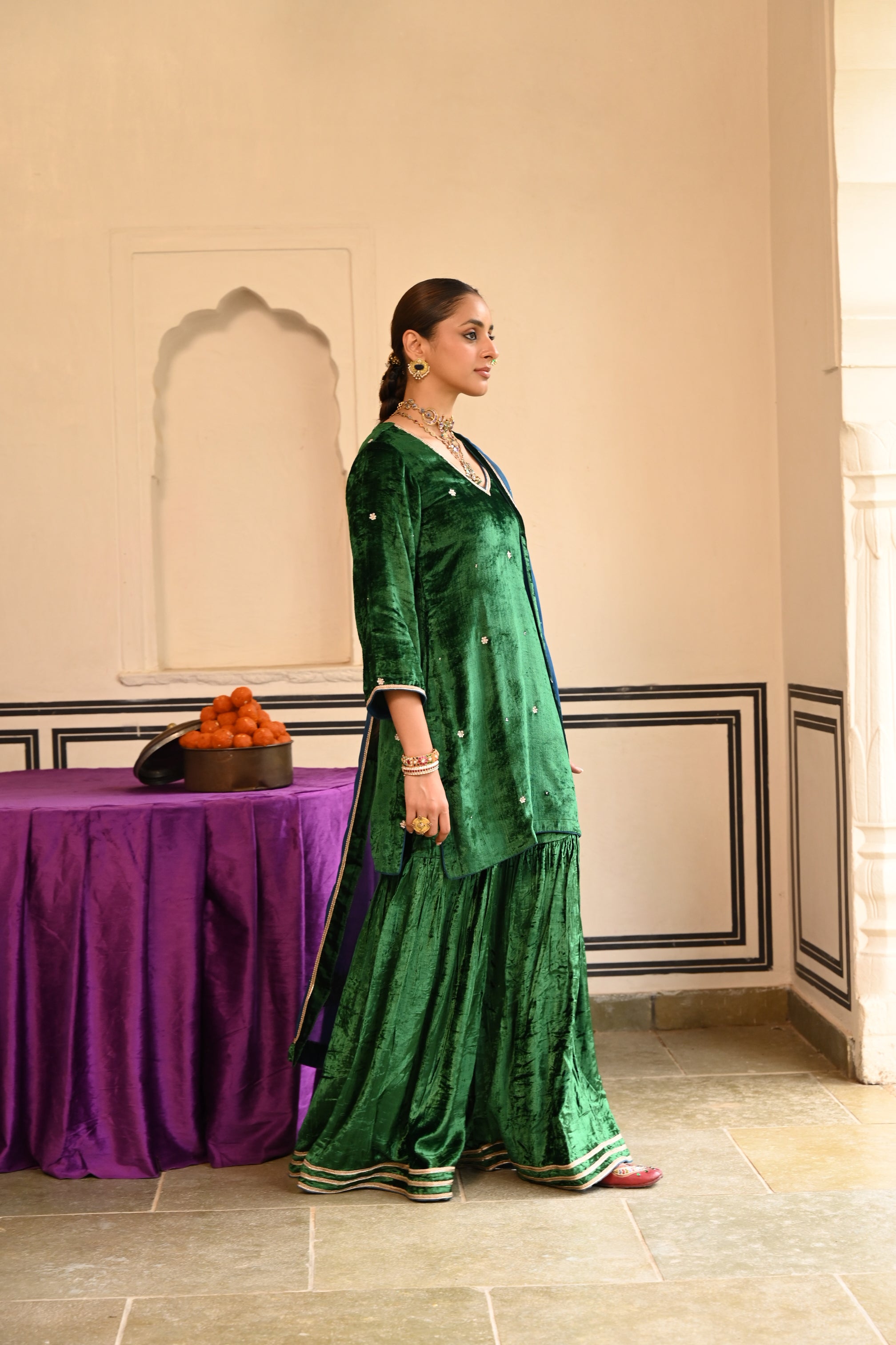 GREEN VELVET EMBROIDERED SHARARA SET