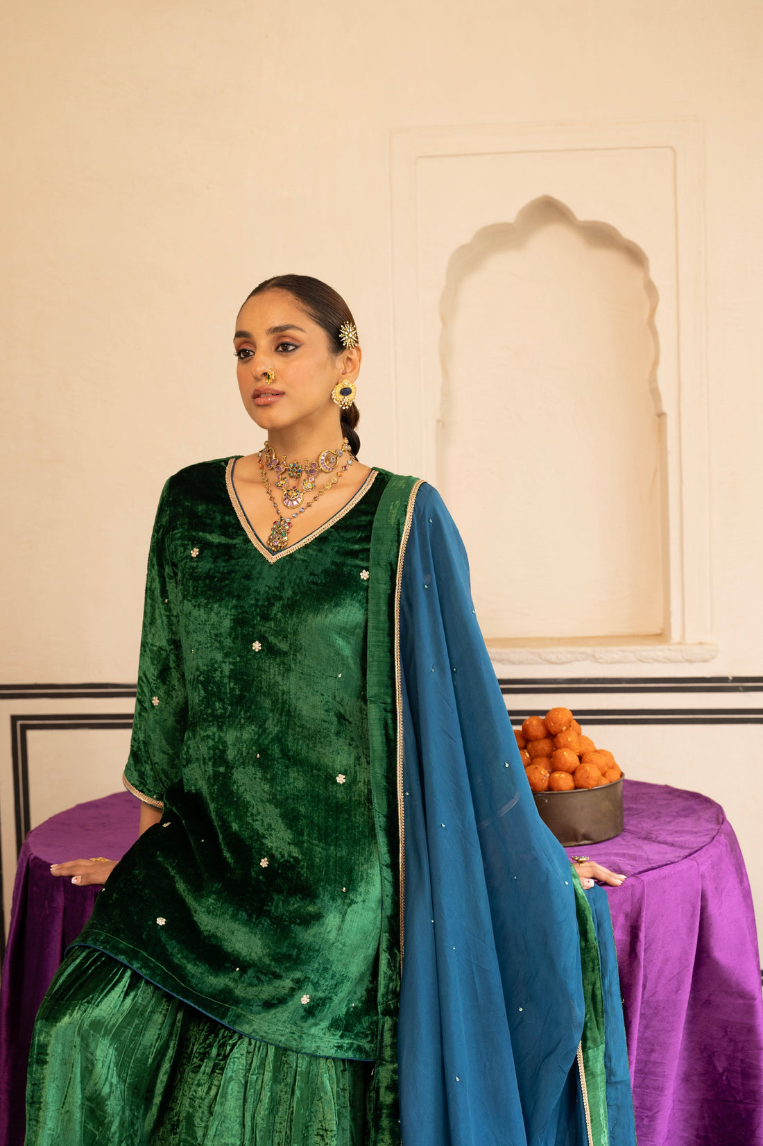 GREEN VELVET EMBROIDERED SHARARA SET