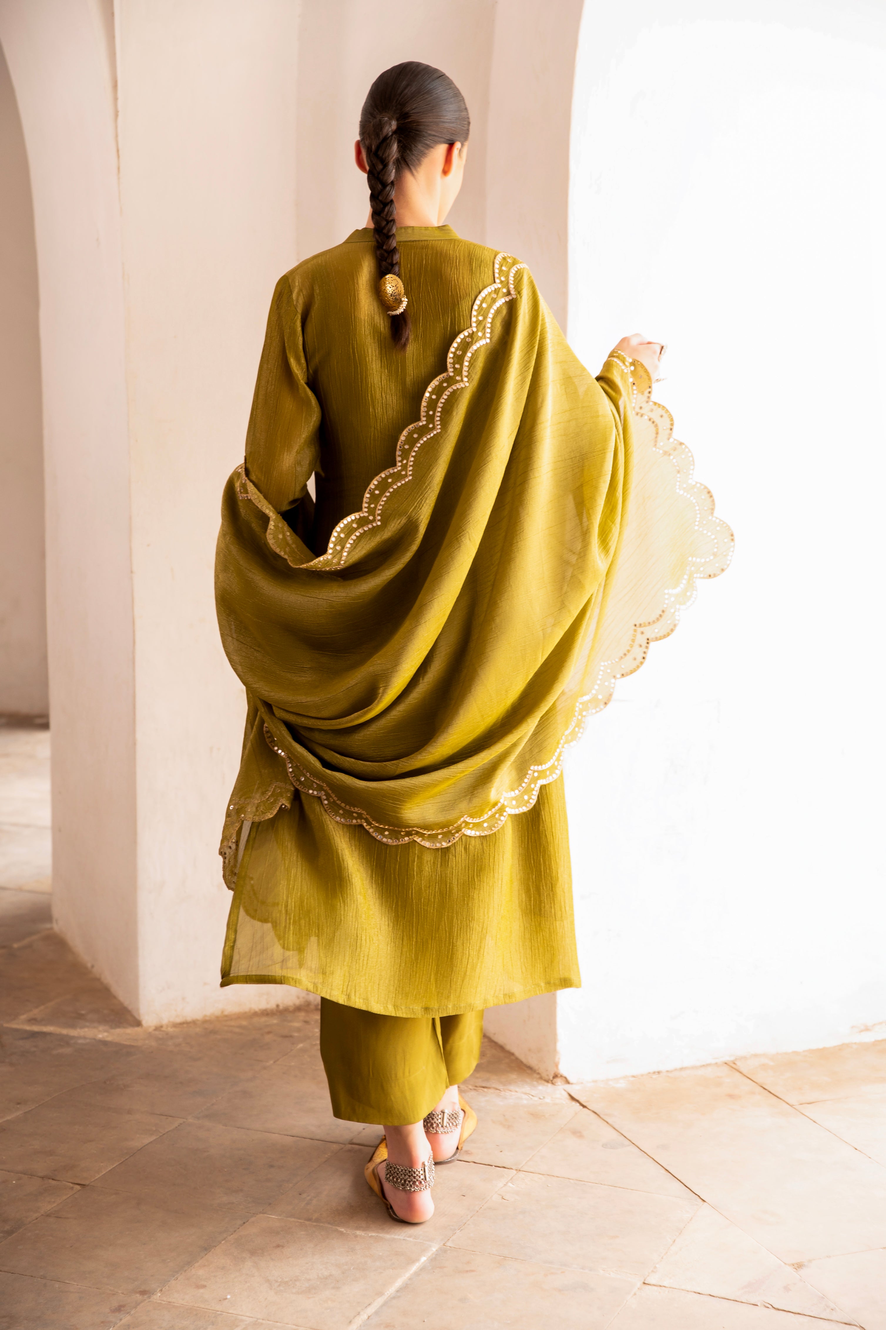 OLIVE GREEN CRUSHED TISSUE KURTA SET