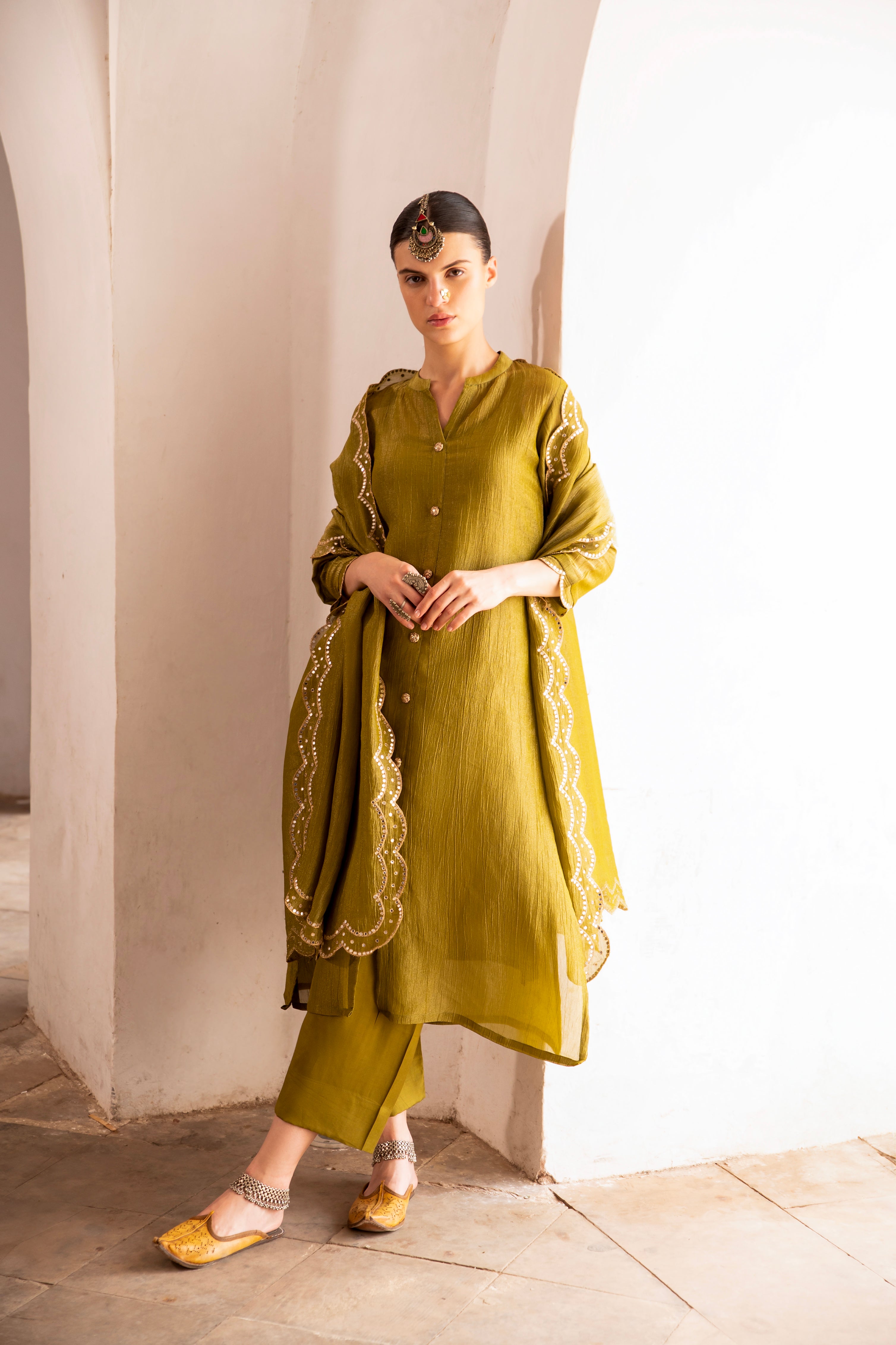 OLIVE GREEN CRUSHED TISSUE KURTA SET
