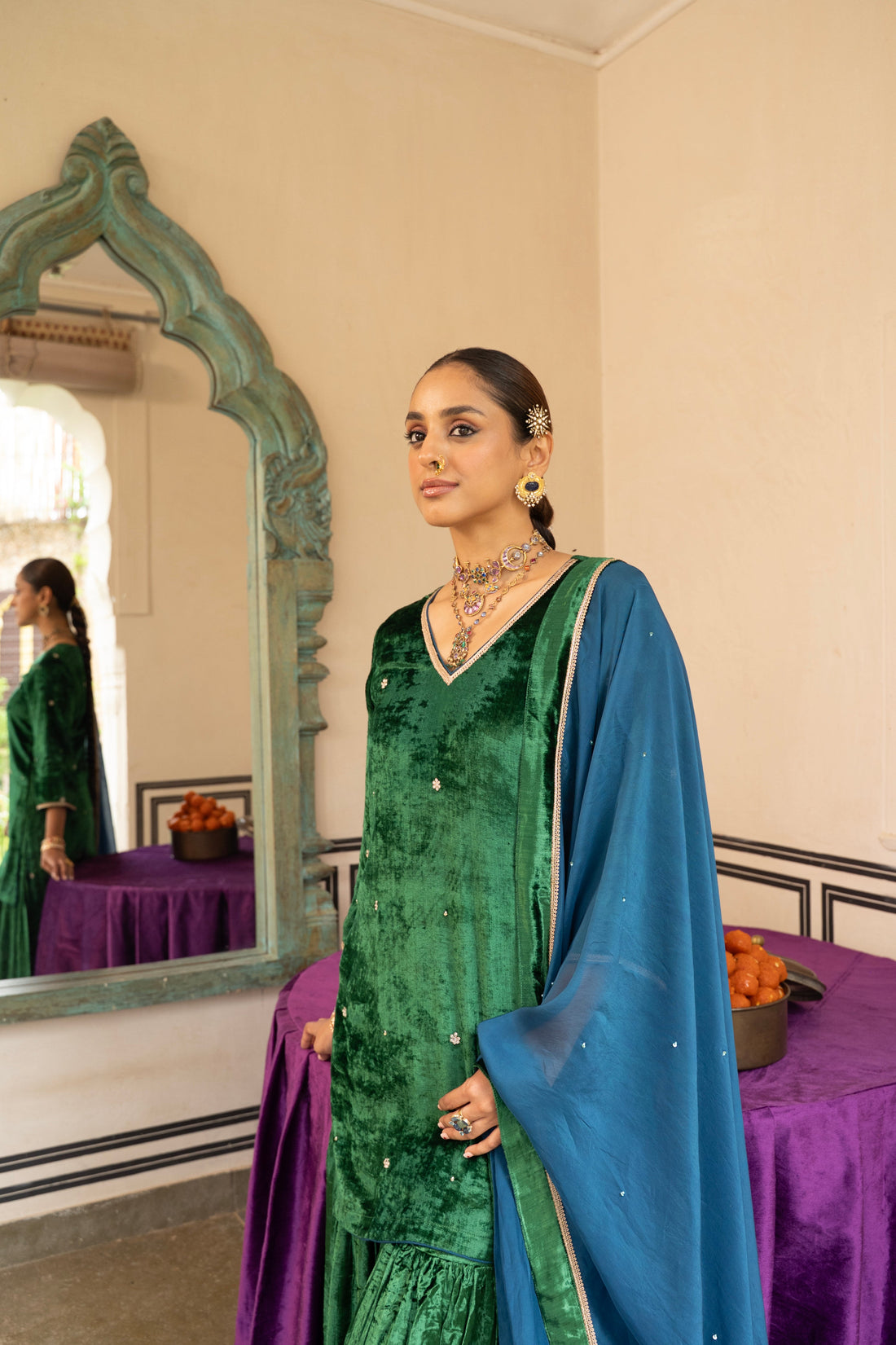 GREEN VELVET EMBROIDERED SHARARA SET