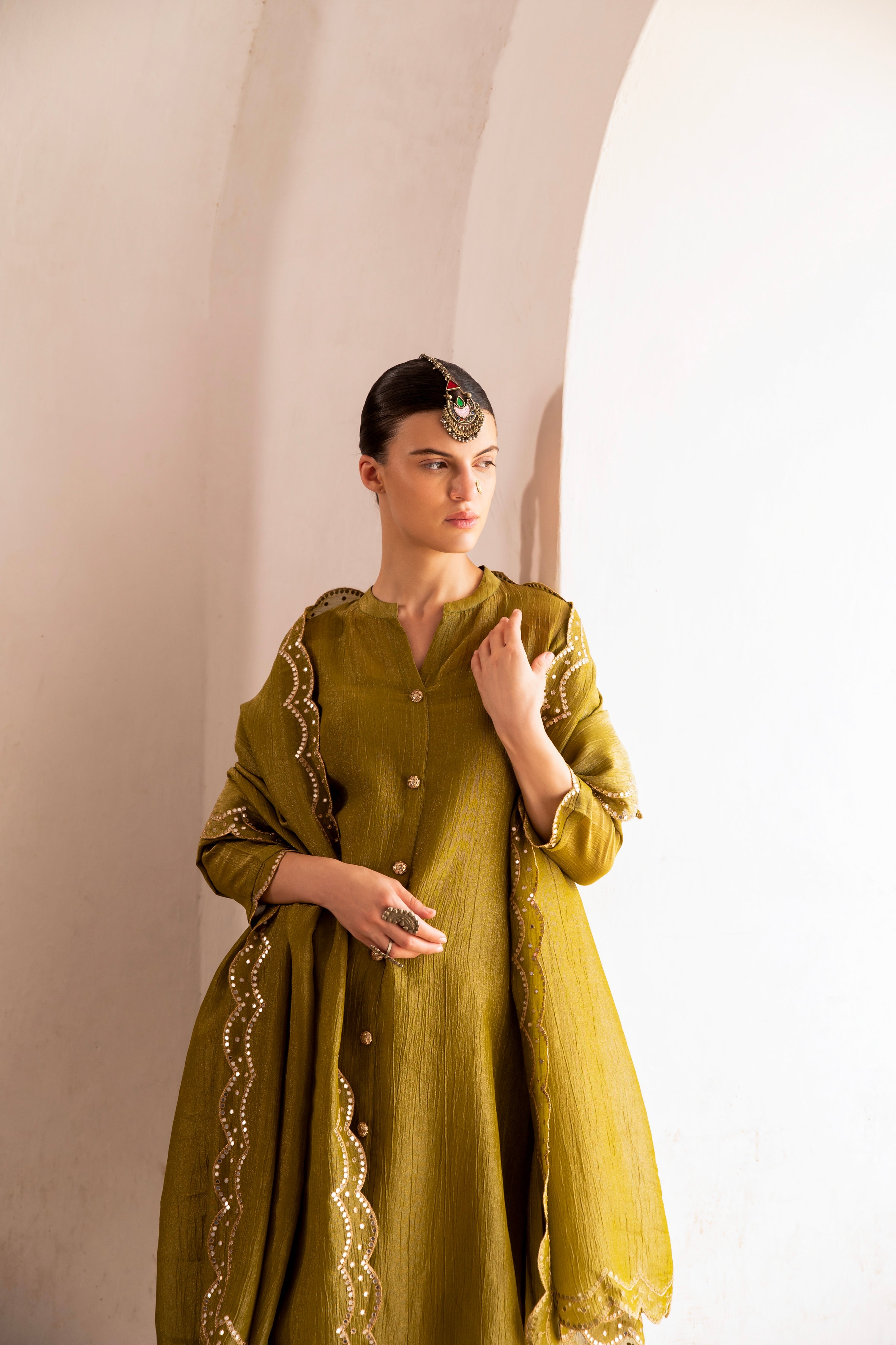 OLIVE GREEN CRUSHED TISSUE KURTA SET