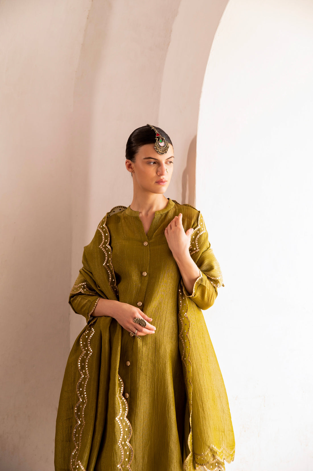 OLIVE GREEN CRUSHED TISSUE KURTA SET