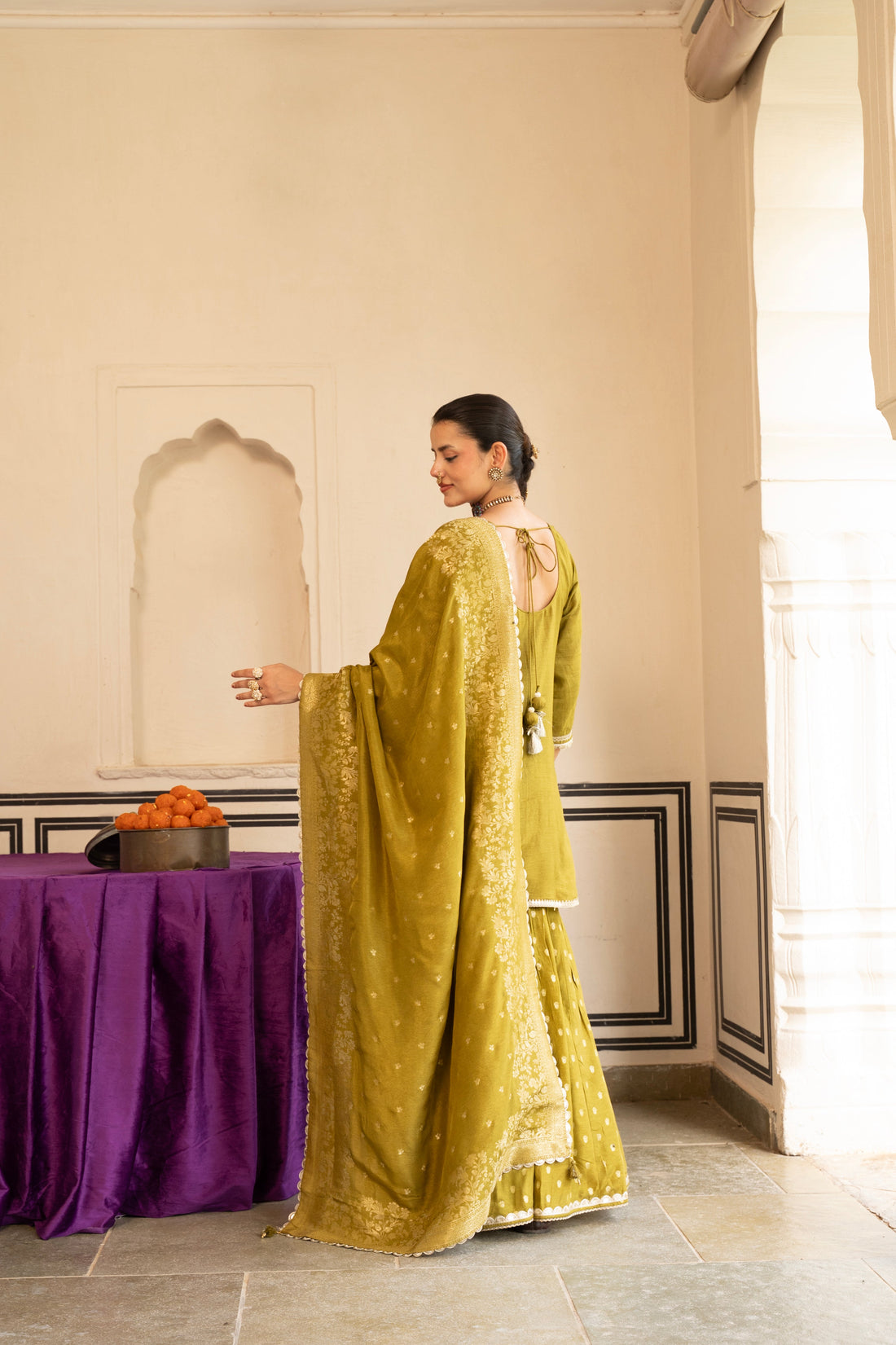 Olive Green Dola Silk Gharara Suit Set