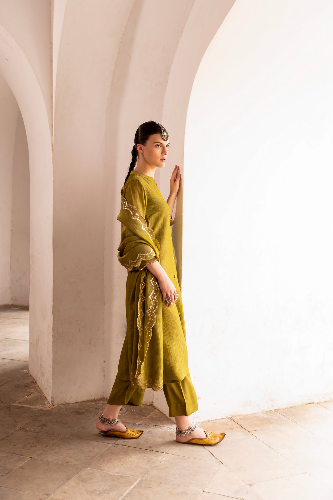 OLIVE GREEN CRUSHED TISSUE KURTA SET