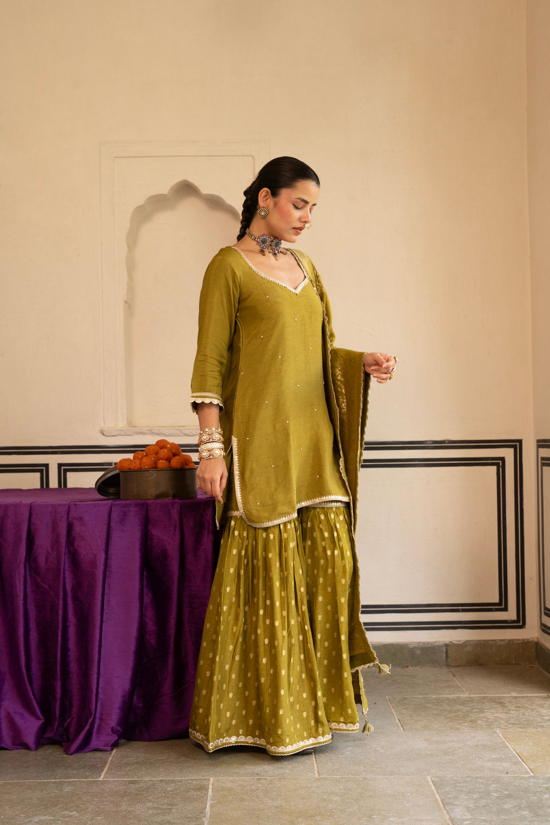 Olive Green Dola Silk Gharara Suit Set