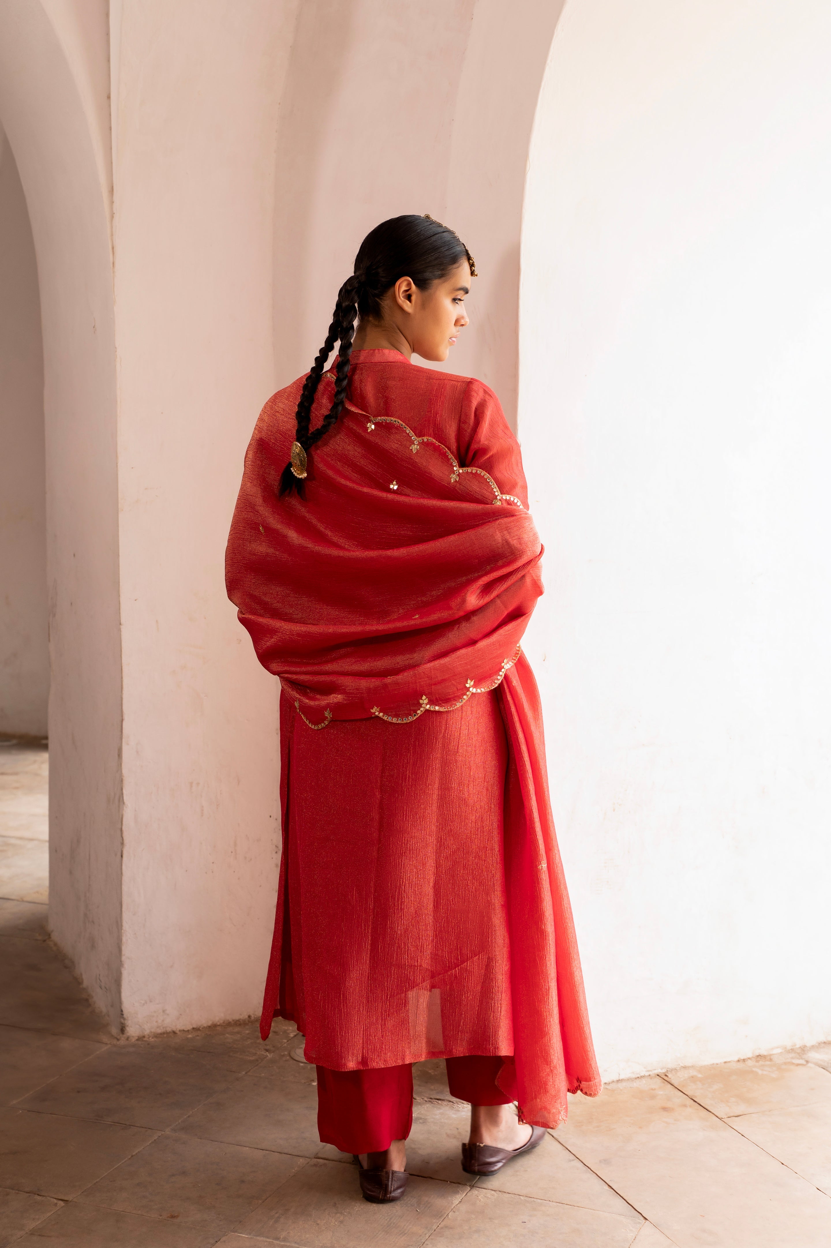 PURE RED CRUSHED TISSUE KURTA SET