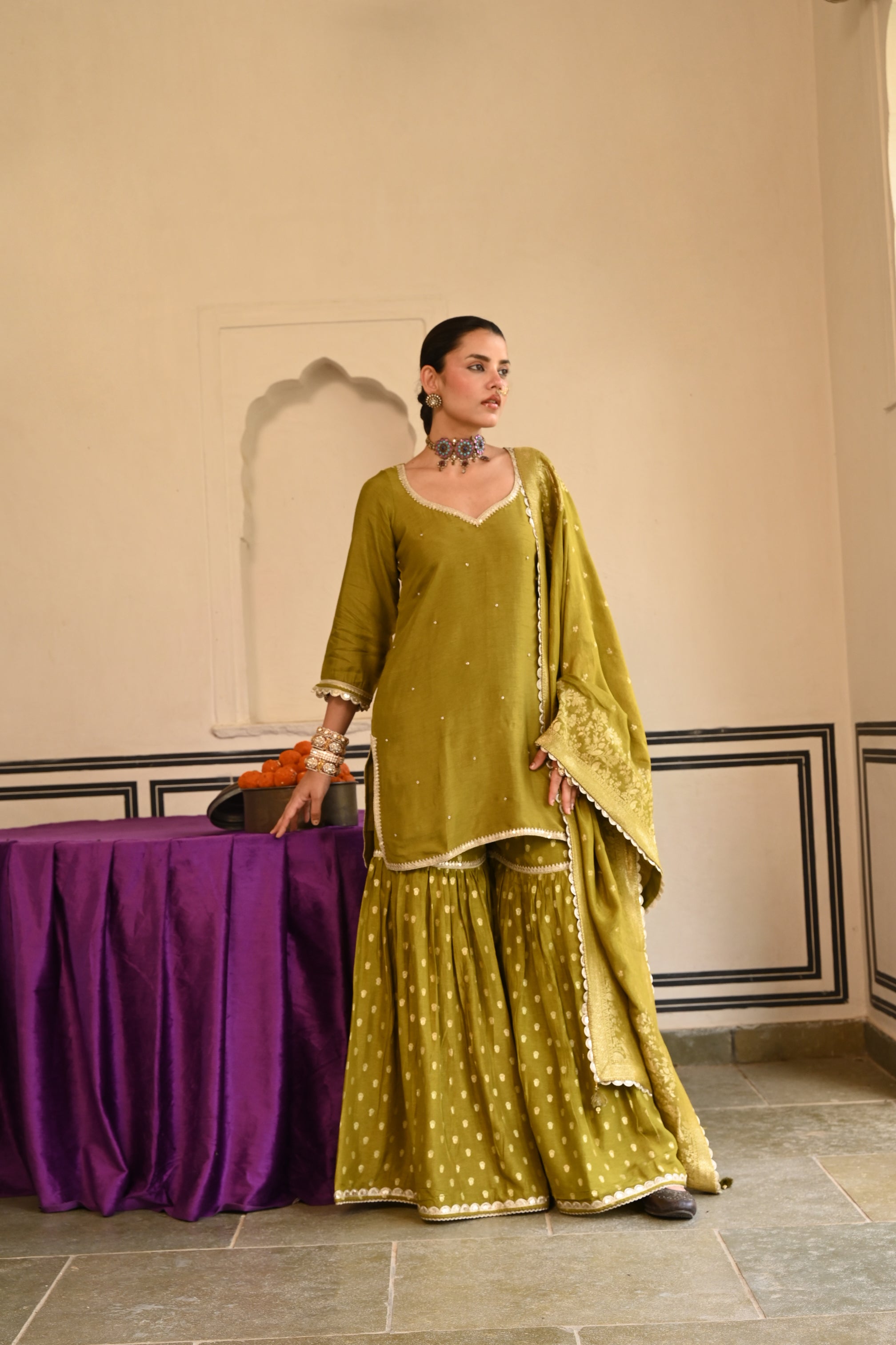 Olive Green Dola Silk Gharara Suit Set