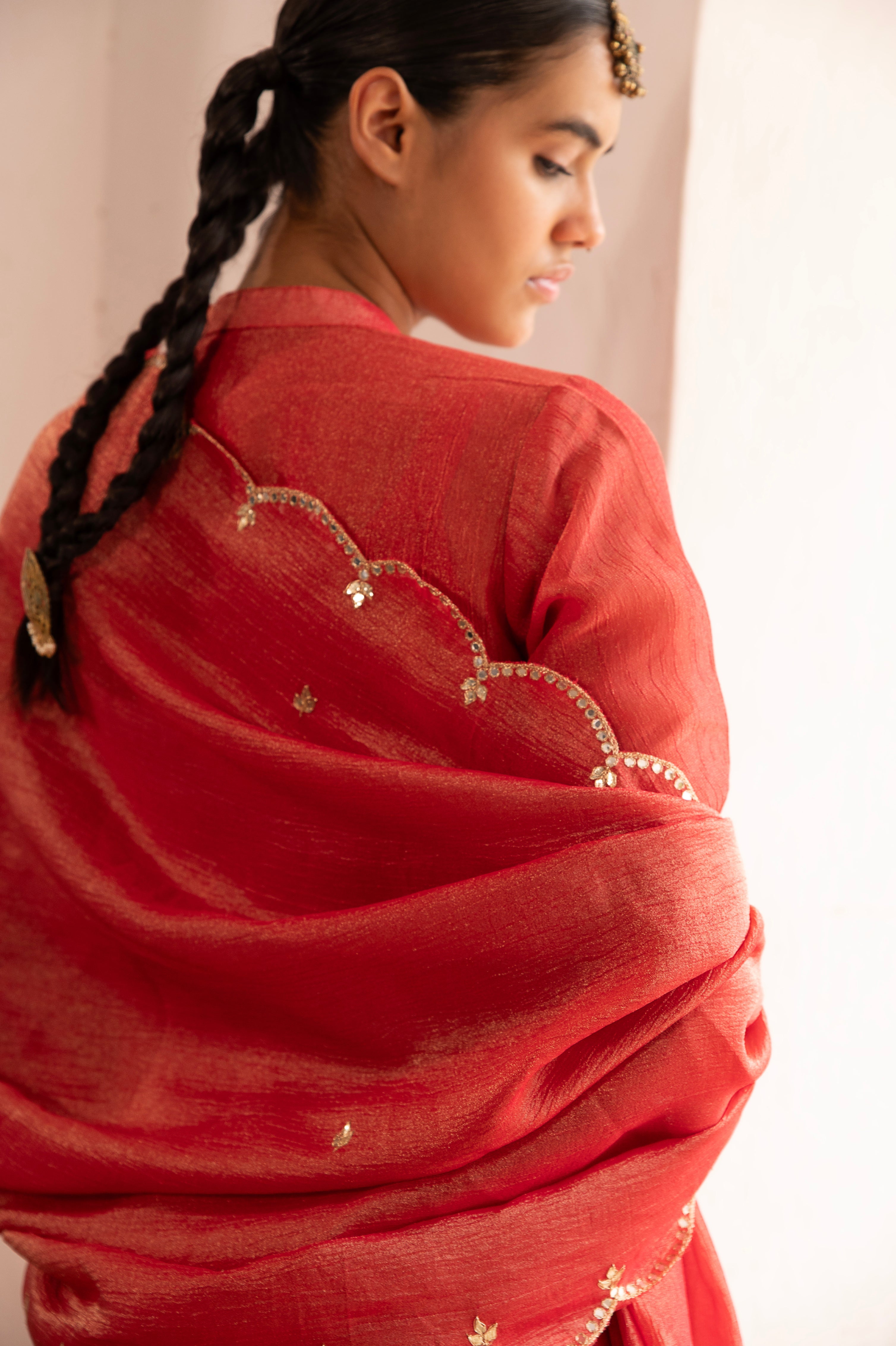 PURE RED CRUSHED TISSUE KURTA SET