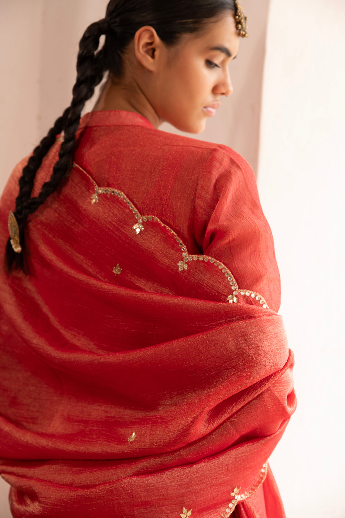PURE RED CRUSHED TISSUE KURTA SET
