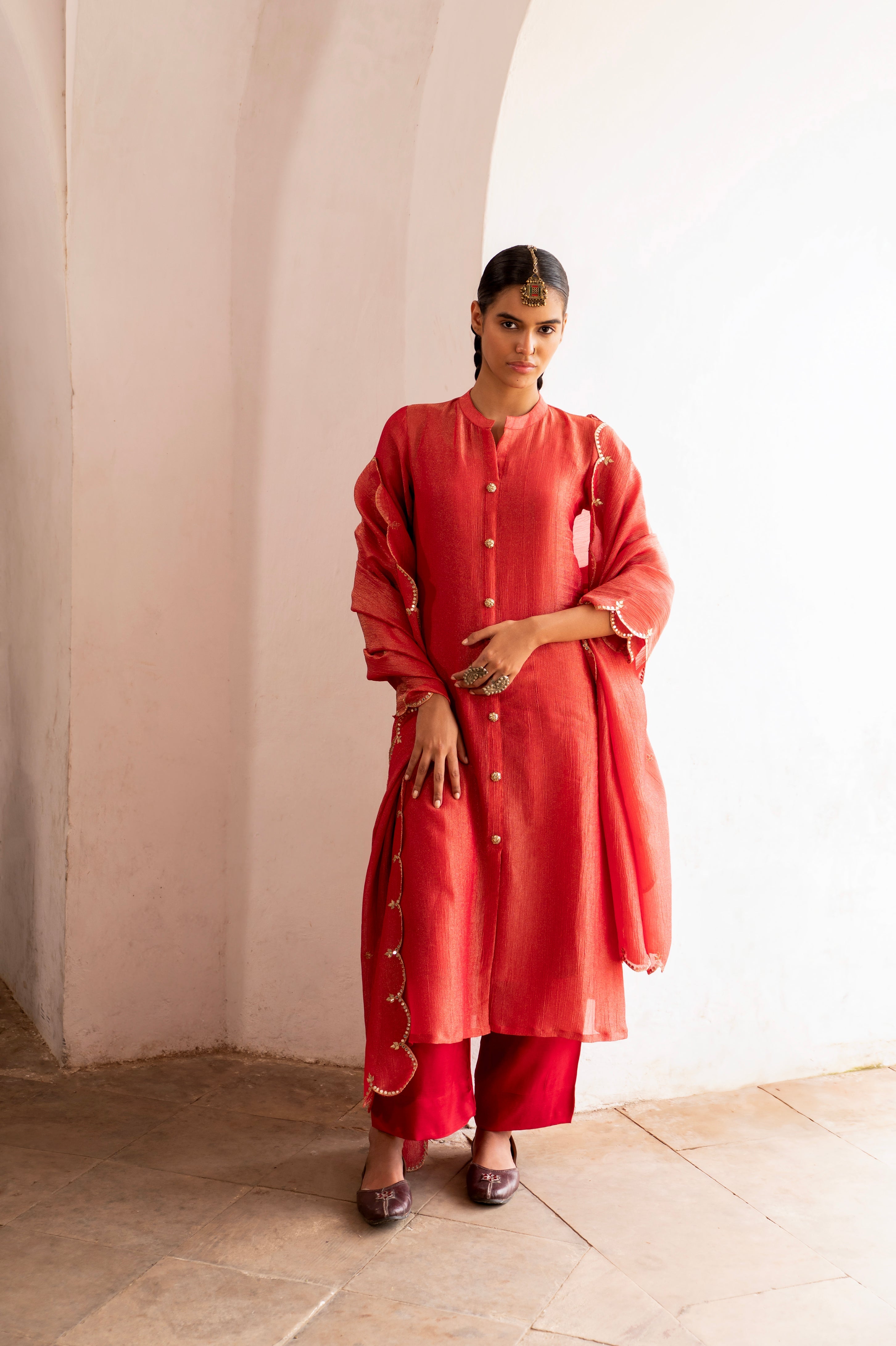 PURE RED CRUSHED TISSUE KURTA SET