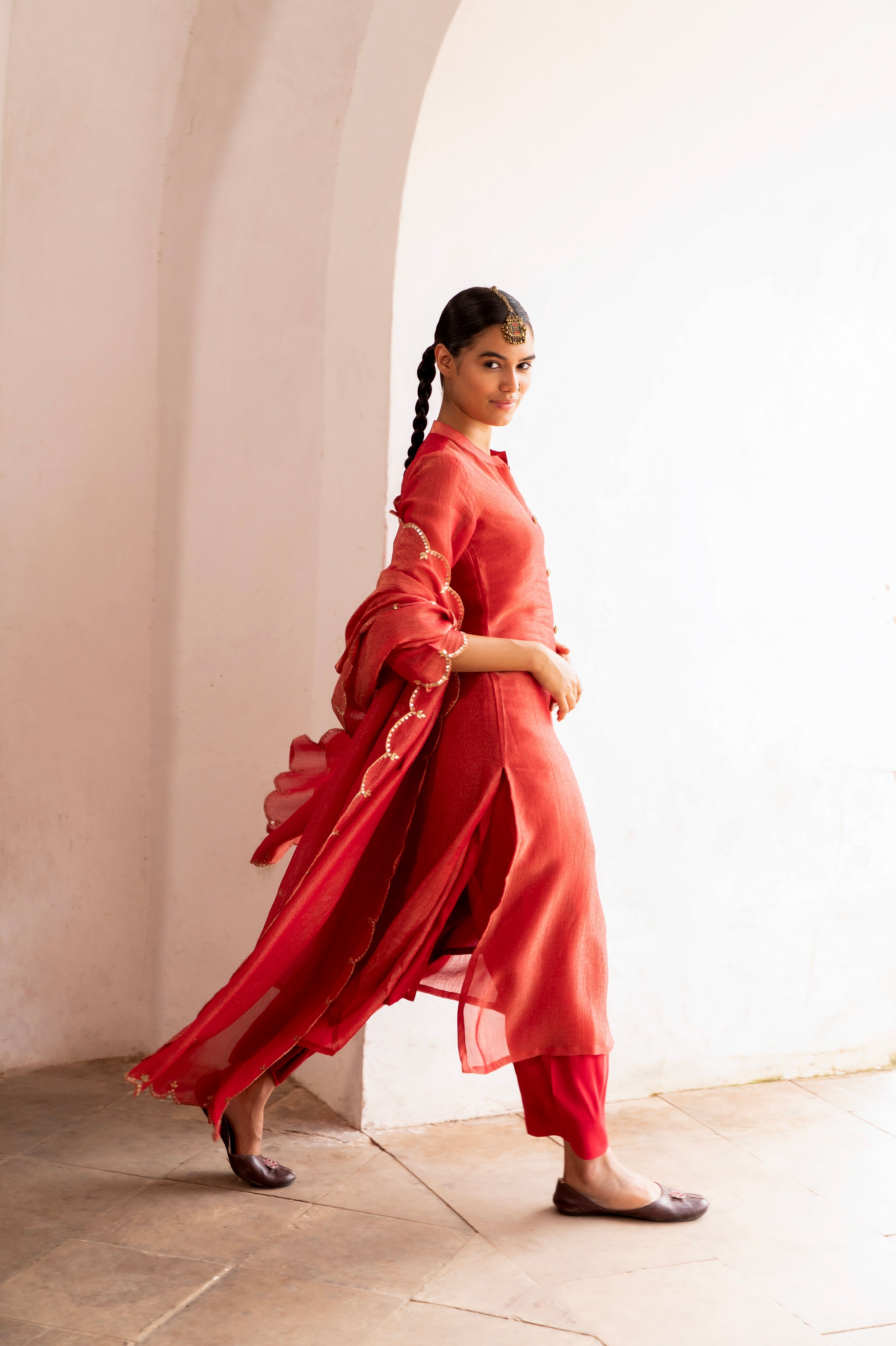 PURE RED CRUSHED TISSUE KURTA SET
