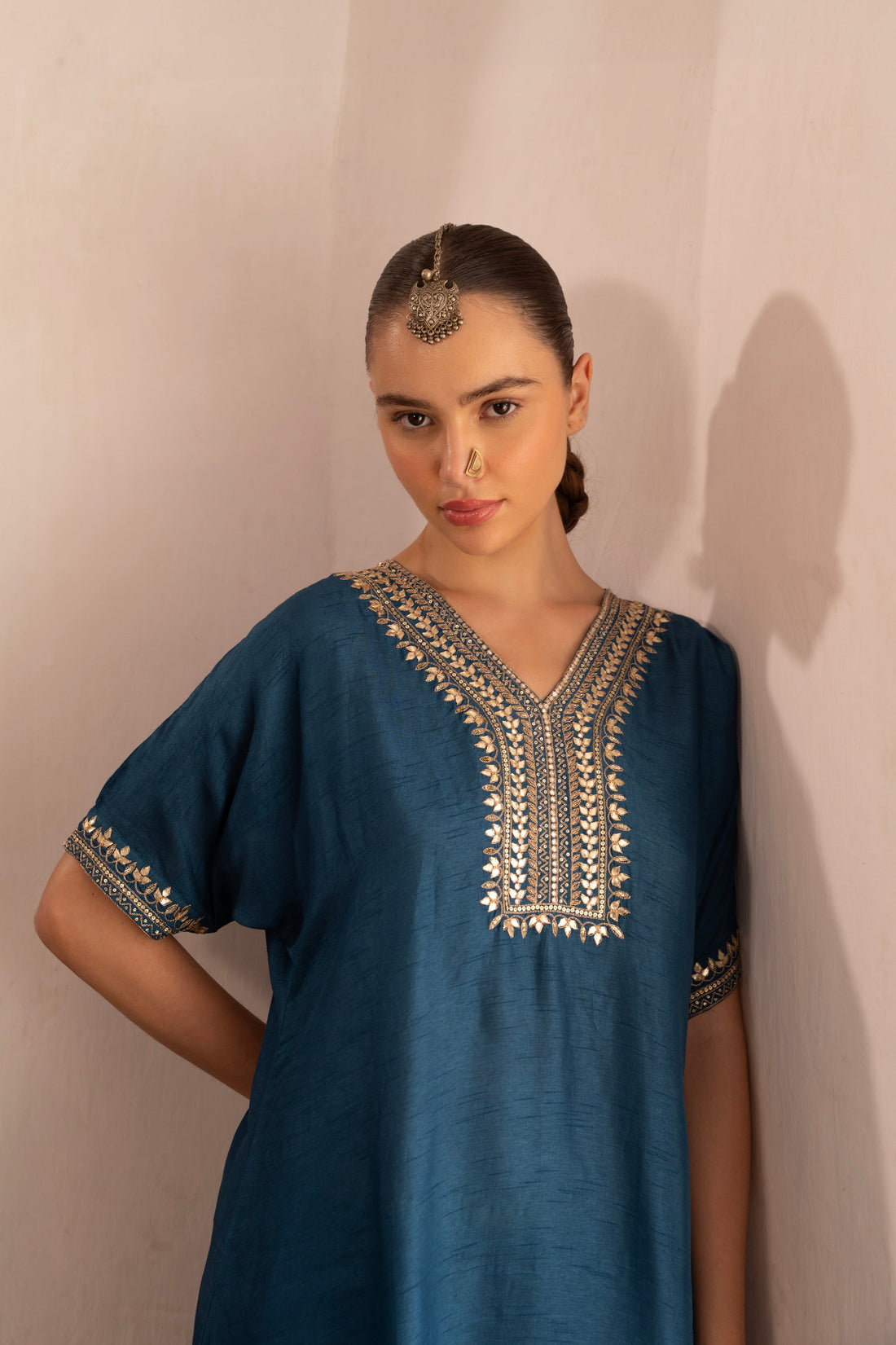 BLUE EMBROIDERED DOLA SILK KURTA SET