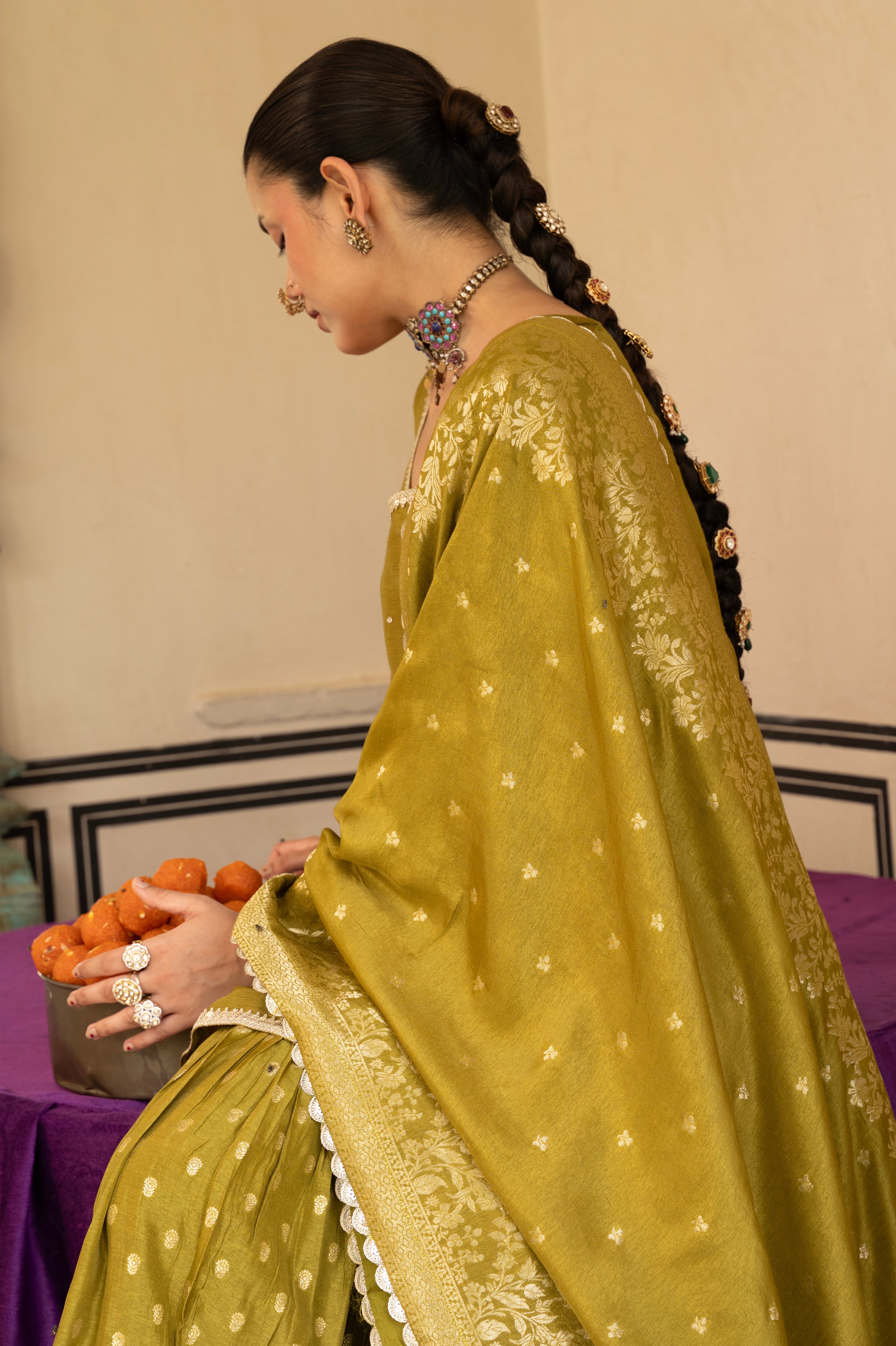 Olive Green Dola Silk Gharara Suit Set