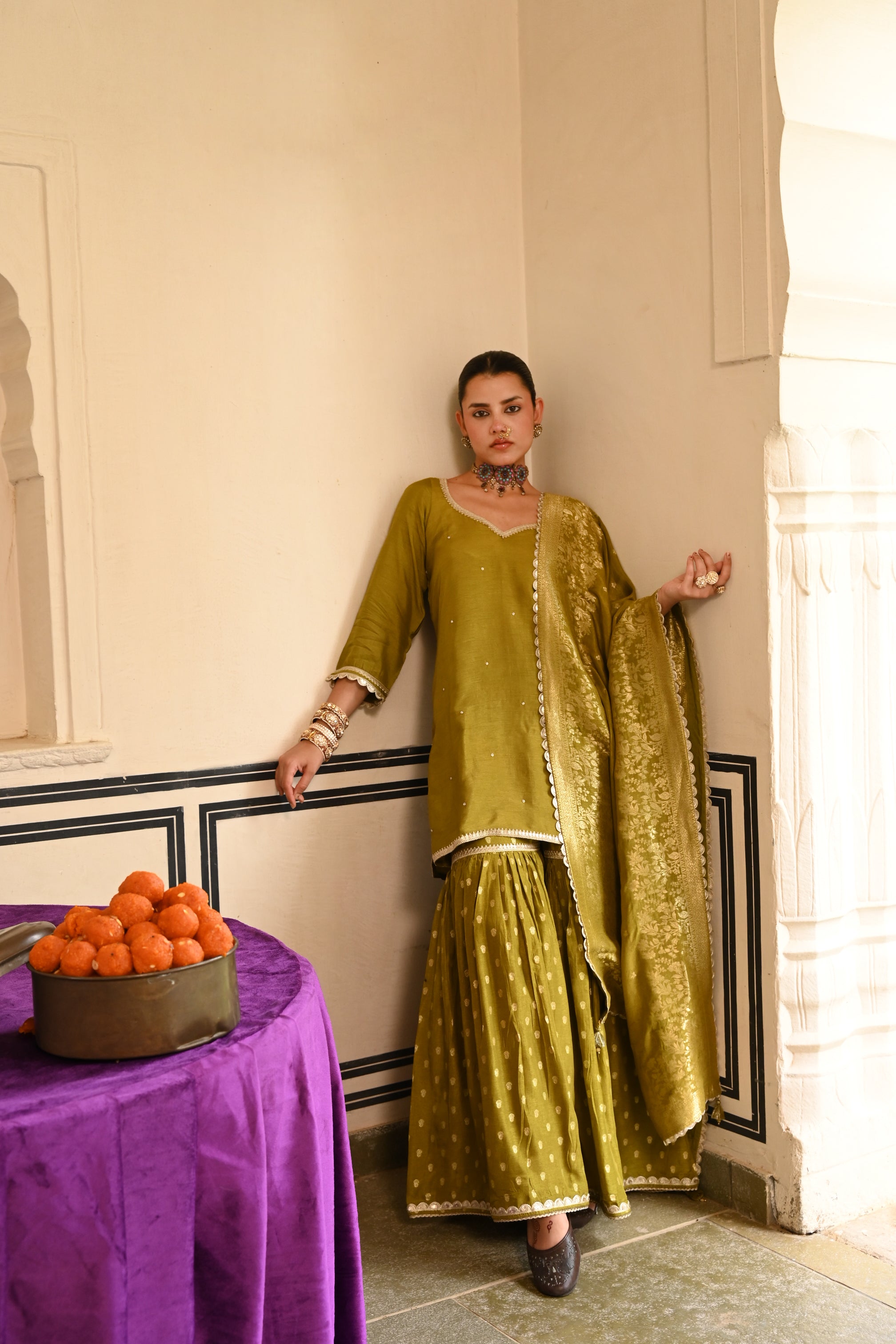 Olive Green Dola Silk Gharara Suit Set